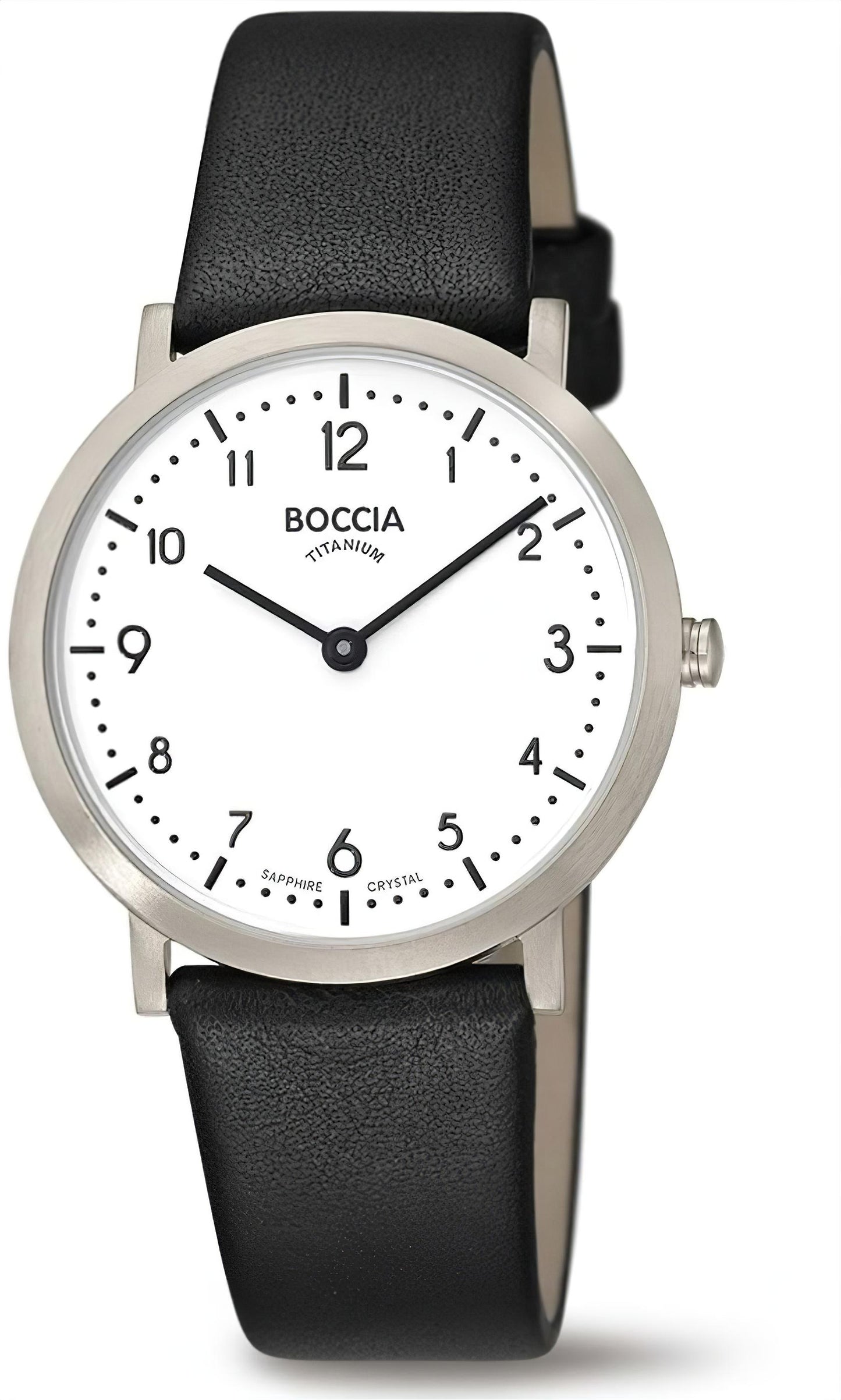 Boccia Damenuhr mit Reintitan-Gehäuse, weißem Zifferblatt und schwarzem Lederarmband, analog