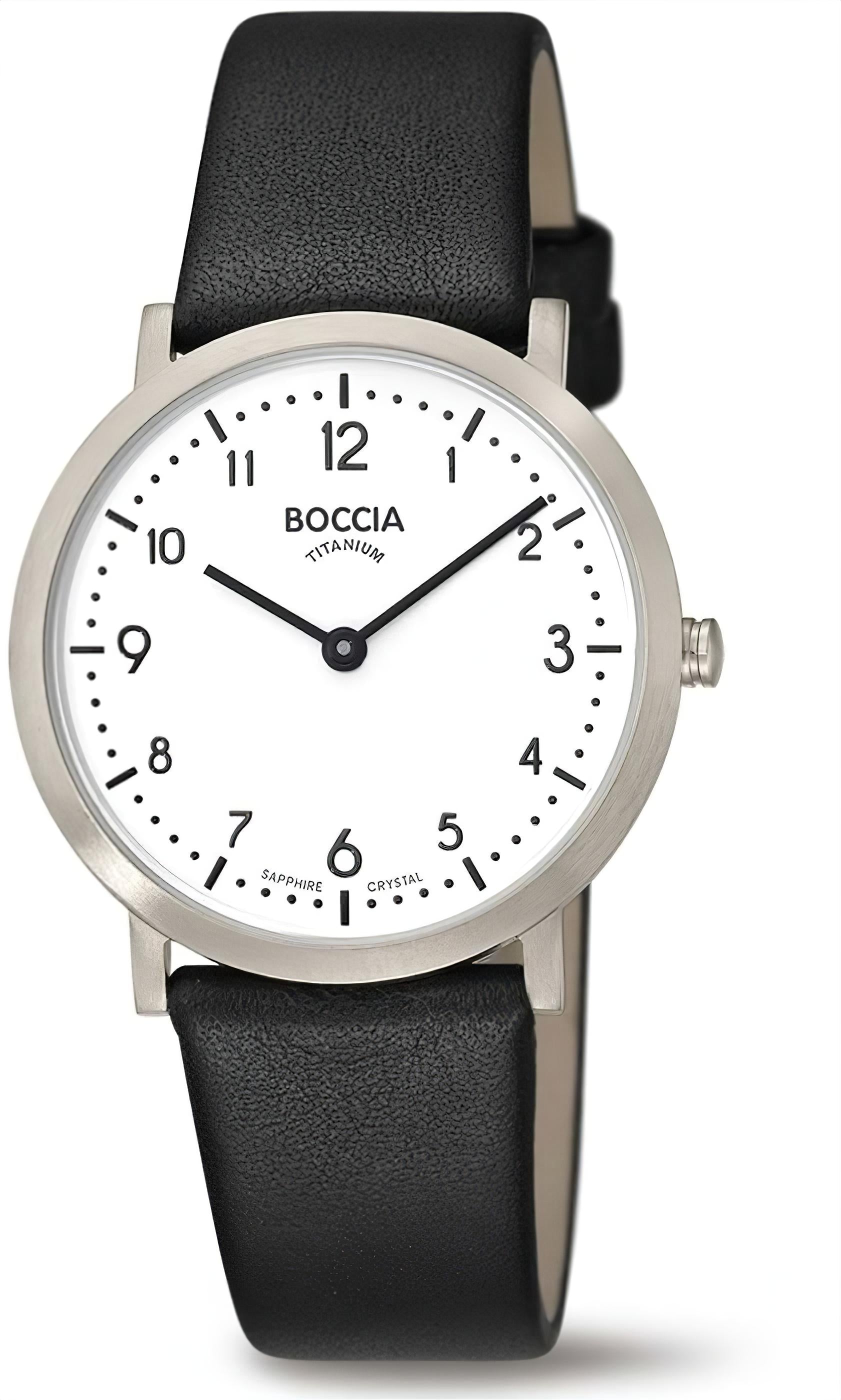 Boccia Damenuhr mit Reintitan-Gehäuse, weißem Zifferblatt und schwarzem Lederarmband, analog