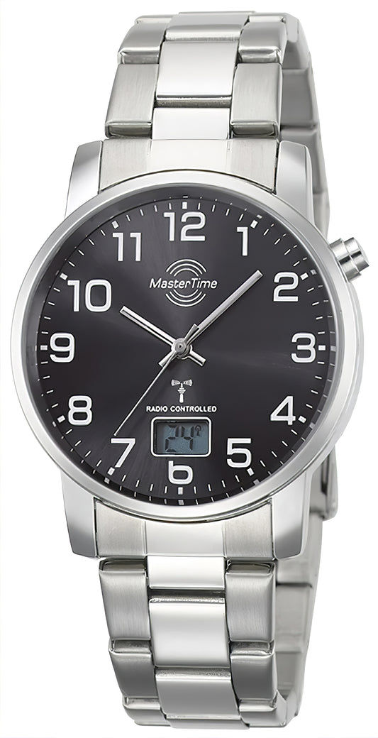 Herrenarmbanduhr MasterTime mit silbernem Metallband, schwarzem Zifferblatt und Datumsanzeige