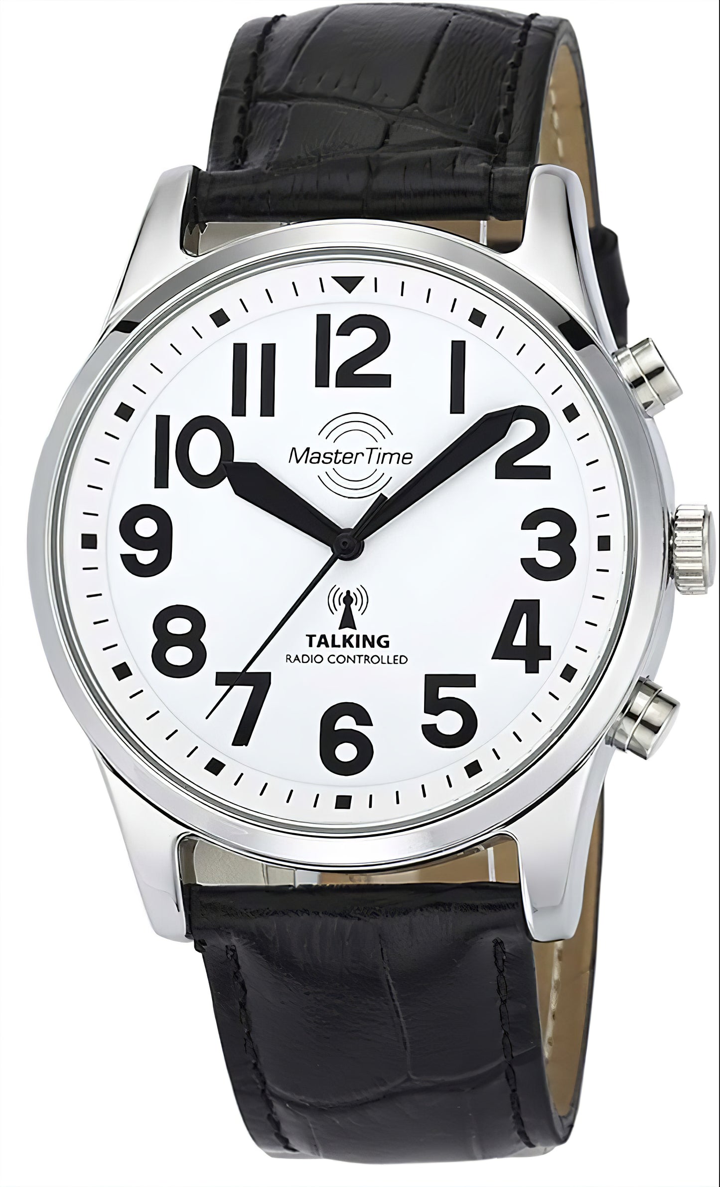 Herrenuhr mit Sprachausgabe, silbernes Gehäuse, weißes Zifferblatt, schwarzes Lederband