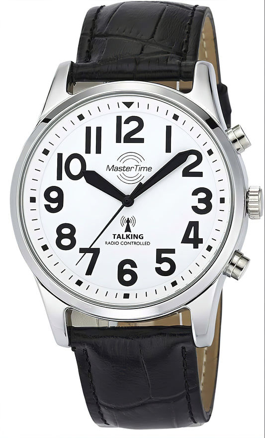 Herrenuhr mit Sprachausgabe, silbernes Gehäuse, weißes Zifferblatt, schwarzes Lederband