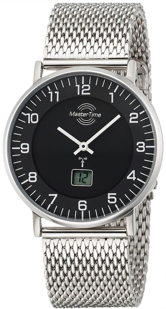 Herrenarmbanduhr MasterTime mit silbernem Meshband und schwarzem Zifferblatt, Analog + Display