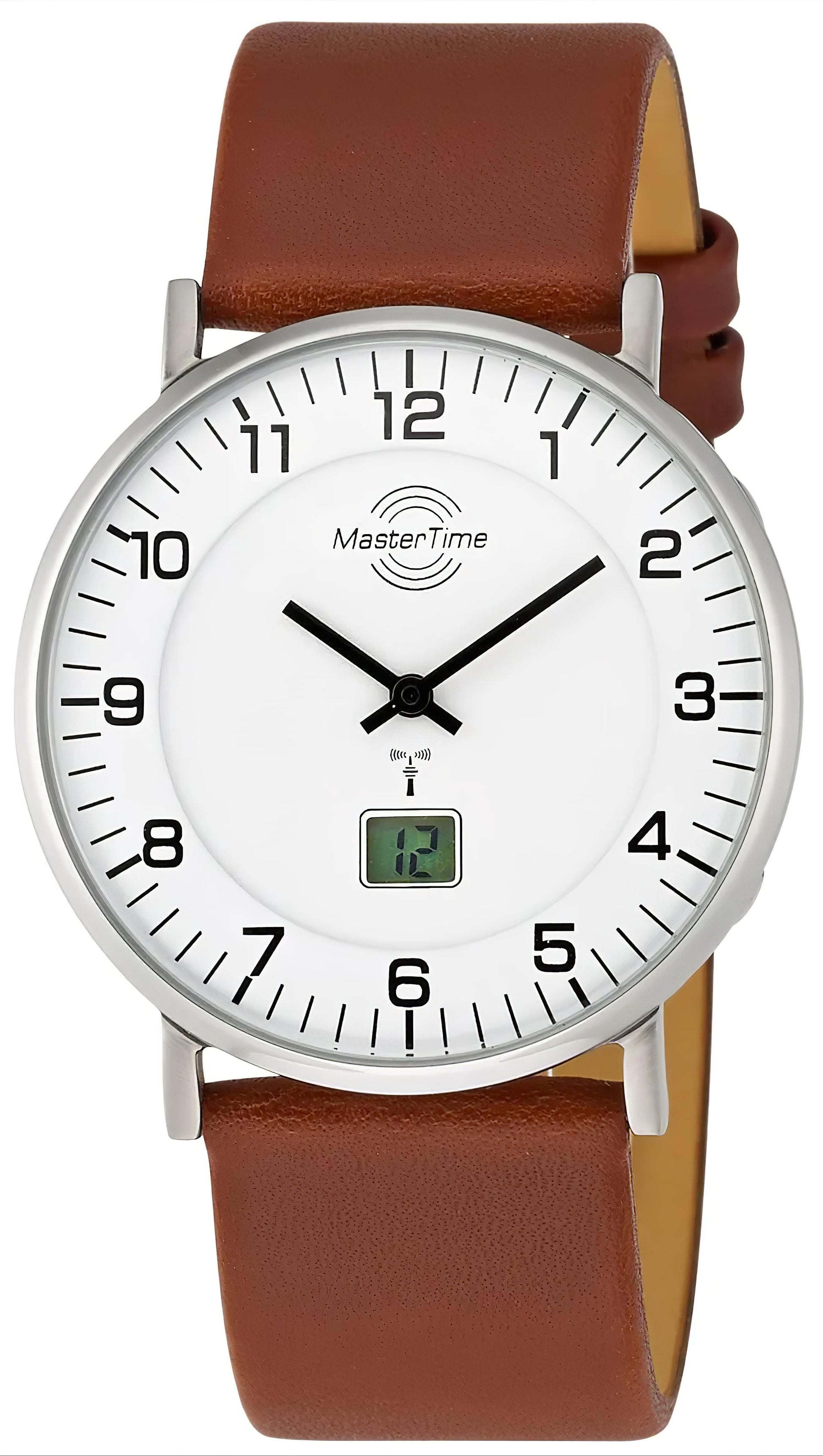 Herrenuhr mit braunem Lederarmband, rundem silbernem Gehäuse und weißem Zifferblatt.
