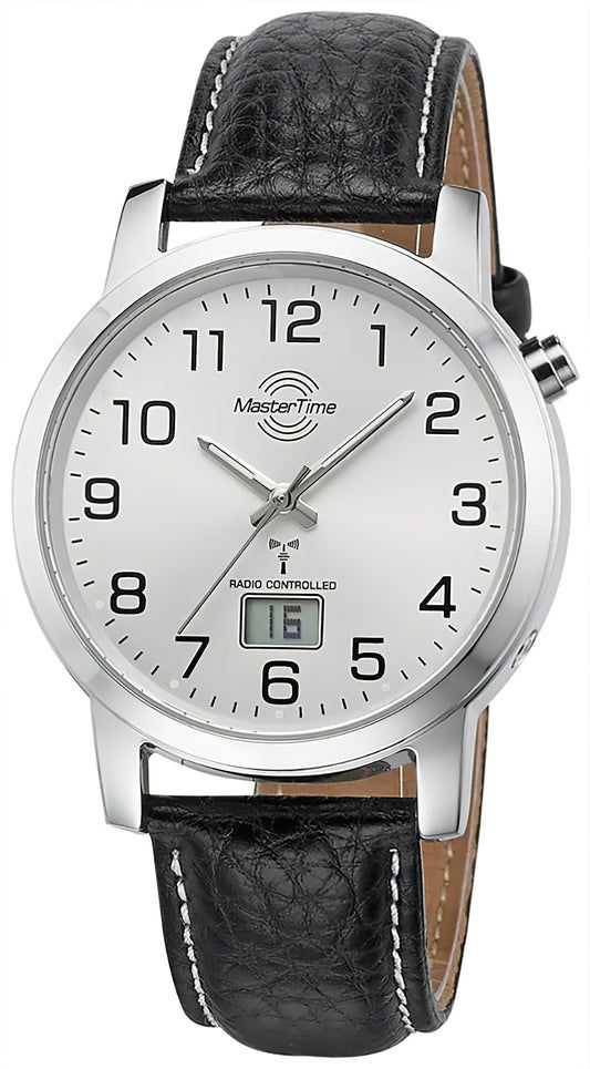 Master Time Herrenuhr mit schwarzem Ziffernblatt, schwarzem Lederarmband und silbernem Gehäuse
