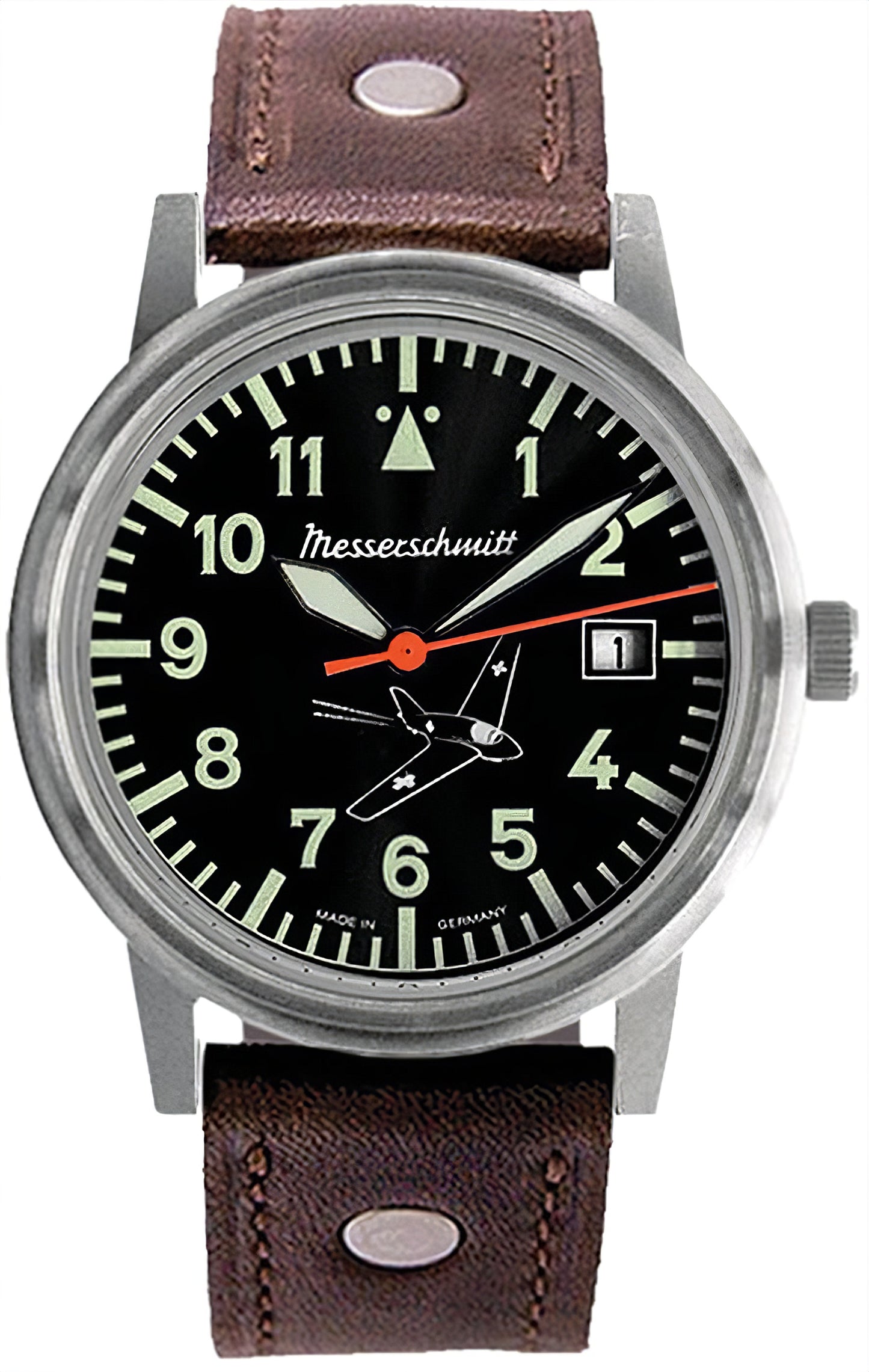 Messerschmitt Komet Herrenuhr: schwarzes Zifferblatt, braunes Lederband, Datum