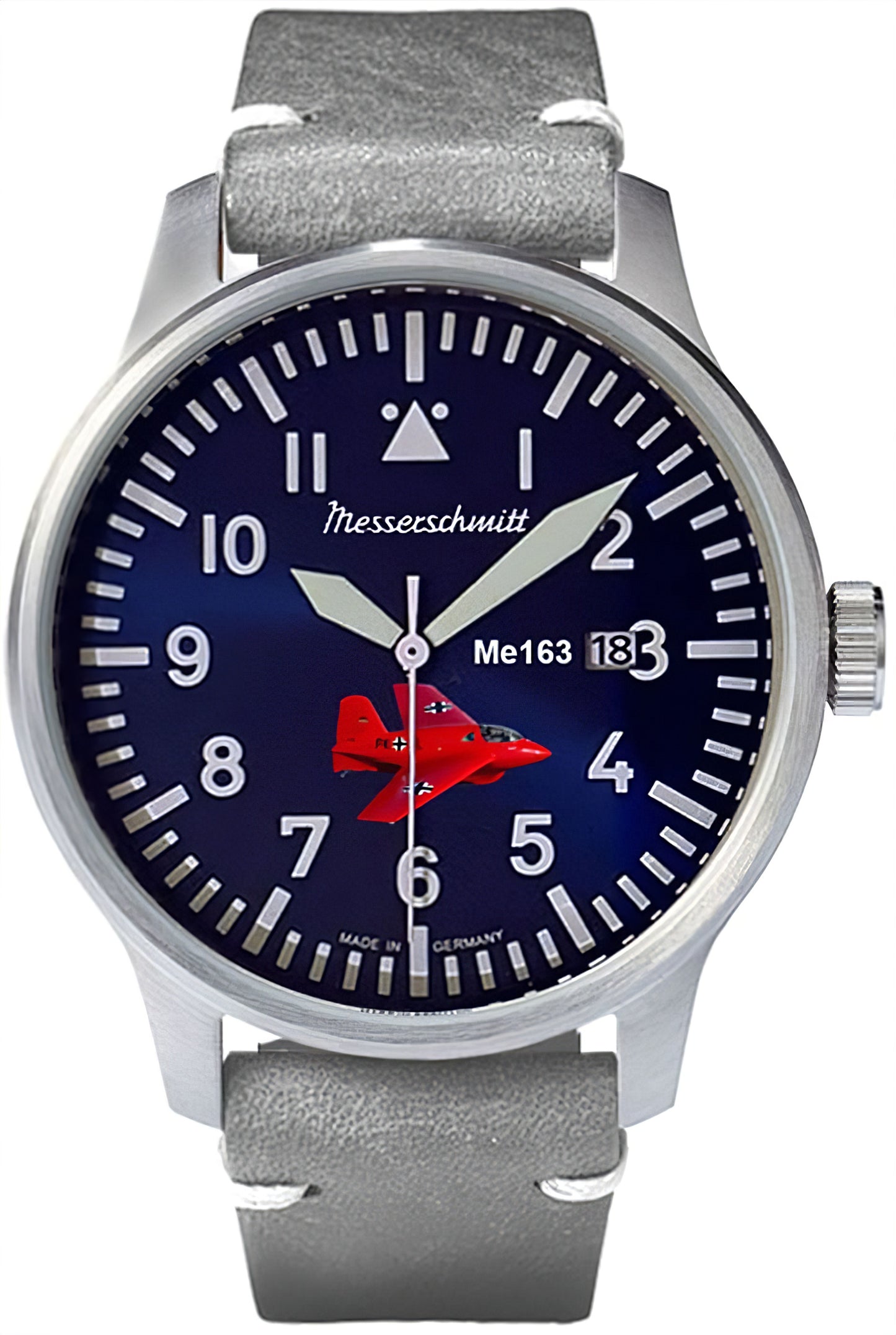 Herrenarmbanduhr Messerschmitt Komet: blaues Zifferblatt, rote Flugzeuggrafik, Lederband