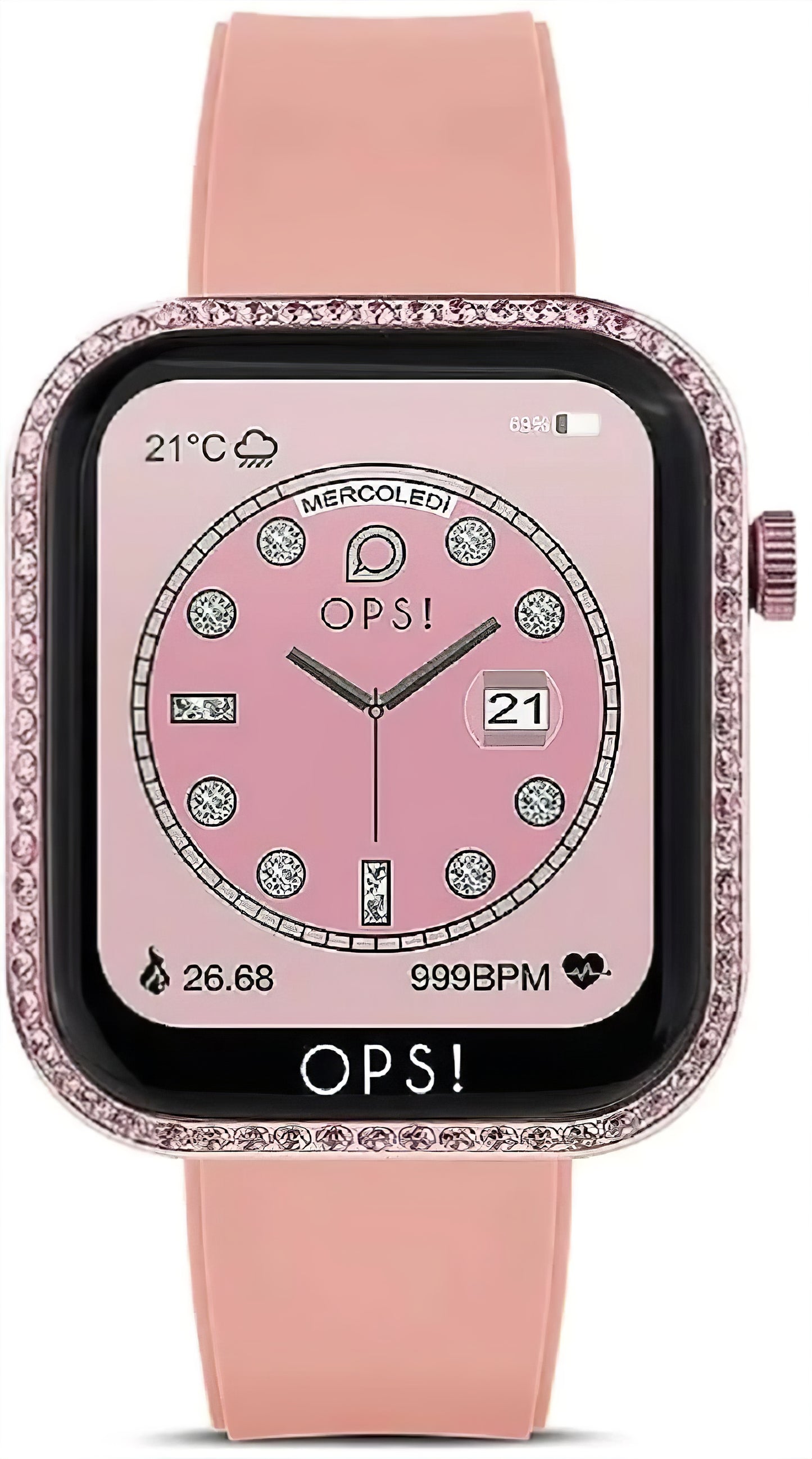 Unisex-Smartwatch mit rosafarbenem Silikonarmband und funkelnder Steinumrandung, AMOLED-Display