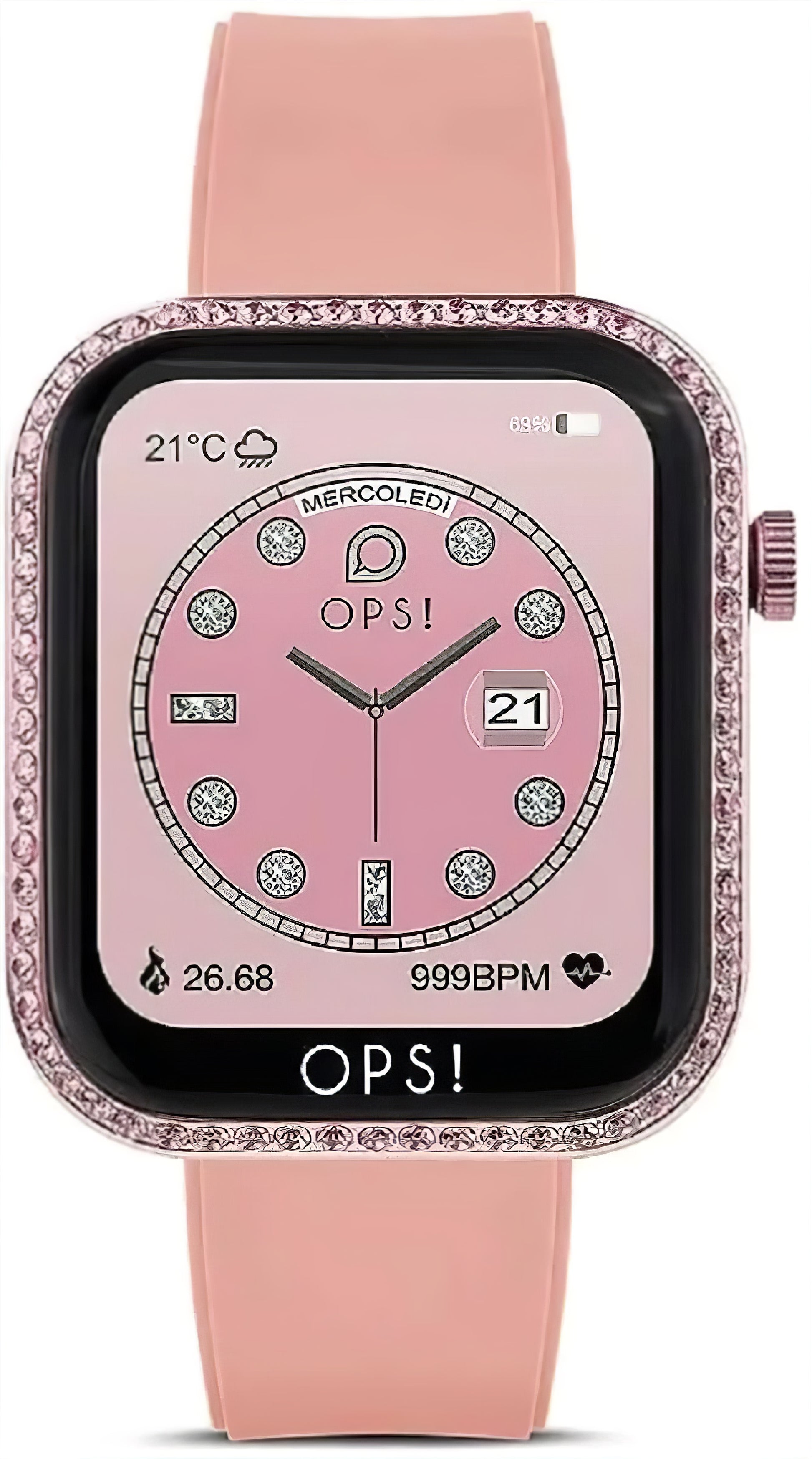 Unisex-Smartwatch mit rosafarbenem Silikonarmband und funkelnder Steinumrandung, AMOLED-Display