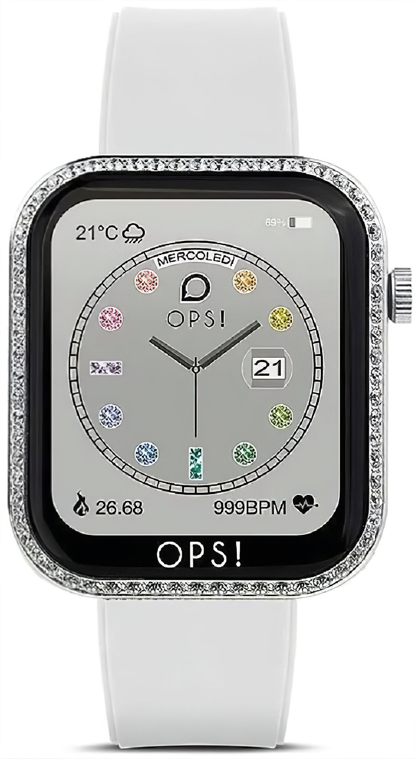 Unisex-Smartwatch mit weißem Silikonarmband, quadratischem Display und Strassrand