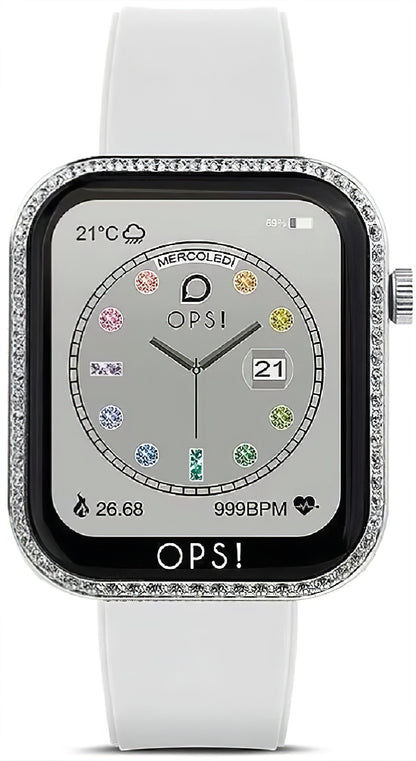 Unisex-Smartwatch mit weißem Silikonarmband, quadratischem Display und Strassrand