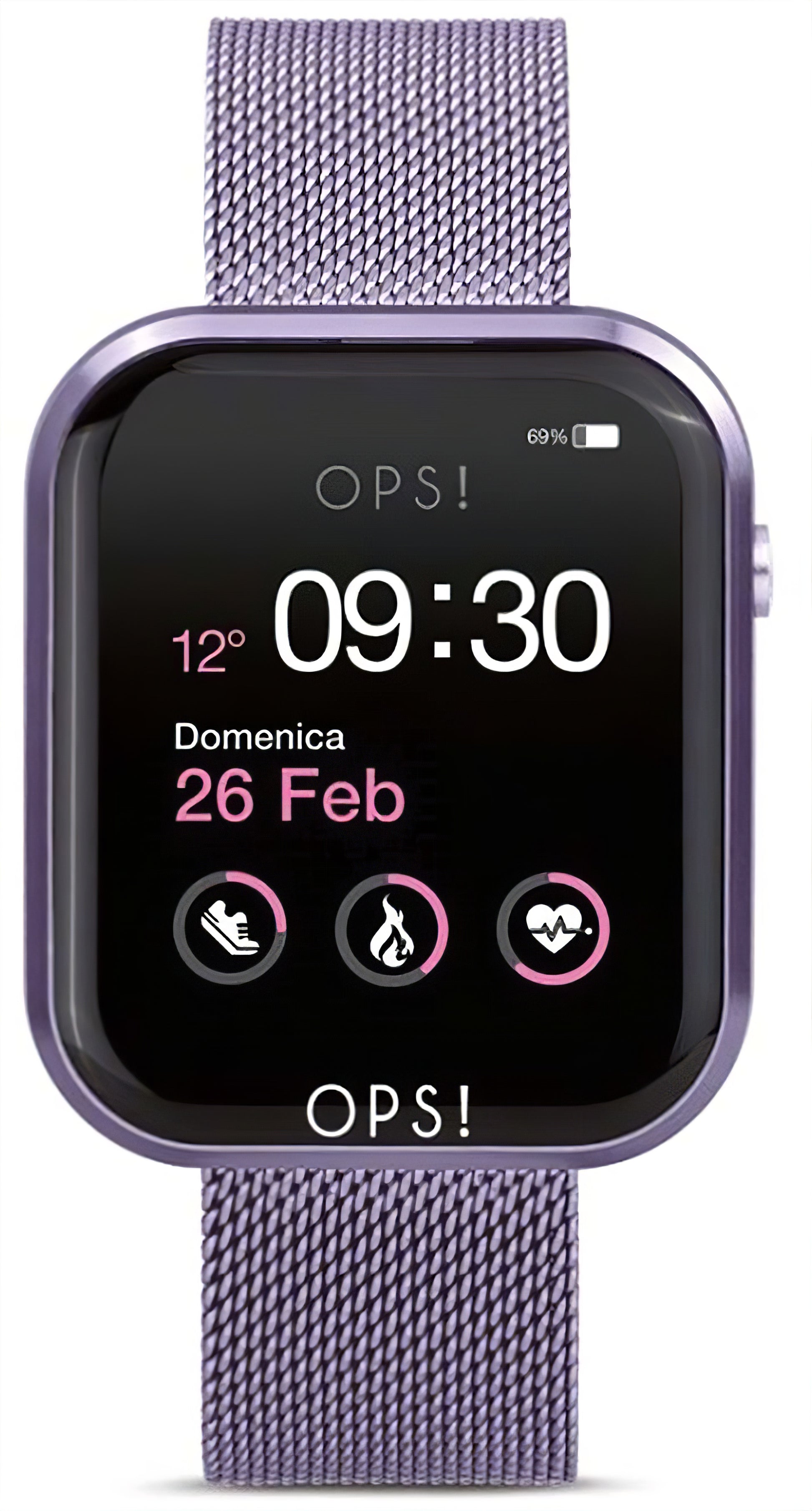 Unisex-Smartwatch mit rechteckigem Display und lila Metallarmband