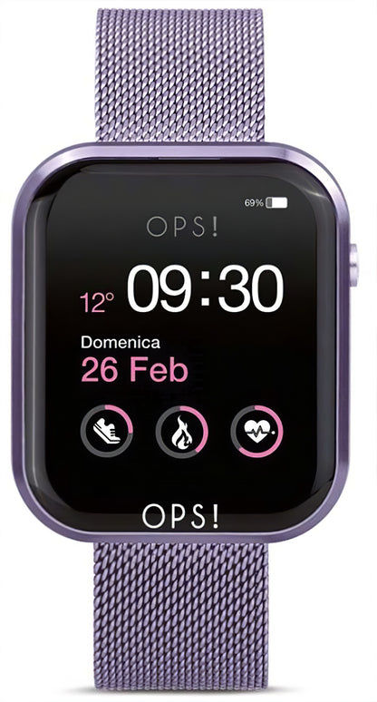 Unisex-Smartwatch mit rechteckigem Display und lila Metallarmband