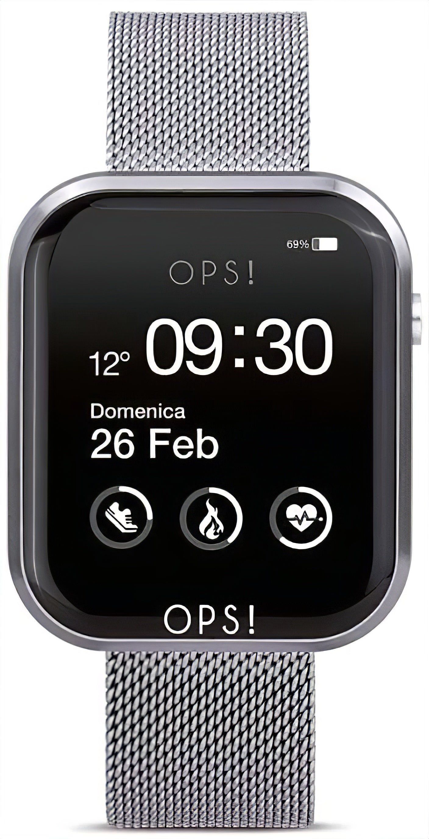 Smartwatch mit Metall-Mesharmband und schwarzem Display, Uhrzeit 09:30