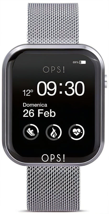 Smartwatch mit Metall-Mesharmband und schwarzem Display, Uhrzeit 09:30