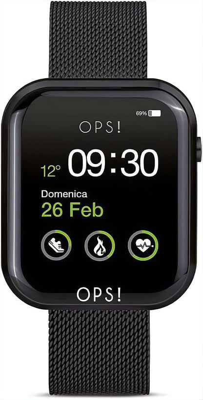 Unisex-Smartwatch mit schwarzem Display und schwarzem Metallgeflecht-Armband