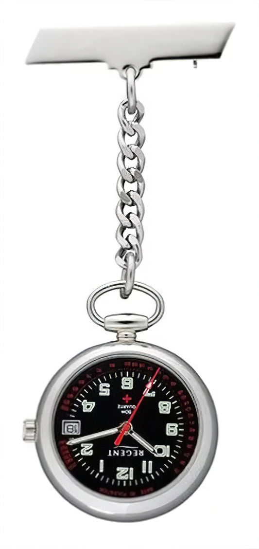Regent P753 Taschenuhr mit silberner Kette und Zifferblatt, runde Gehäuseform