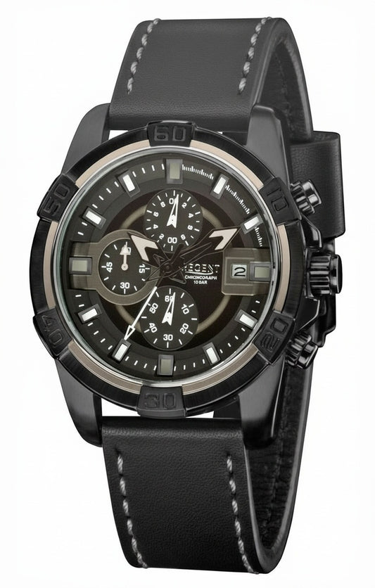 Herrenarmbanduhr Regent HL-8014 mit Chronograph, schwarzem Zifferblatt und Lederband