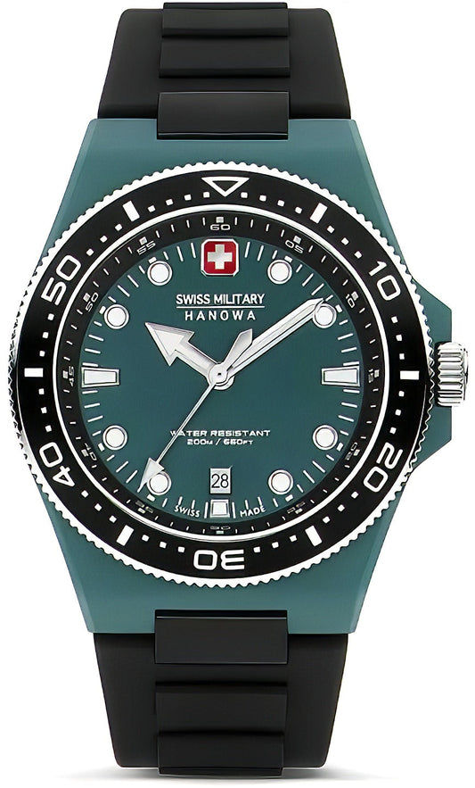 Swiss Military Hanowa Ocean Pioneer Herrenuhr mit schwarzem Kautschukband, türkisfarbenem Zifferblatt