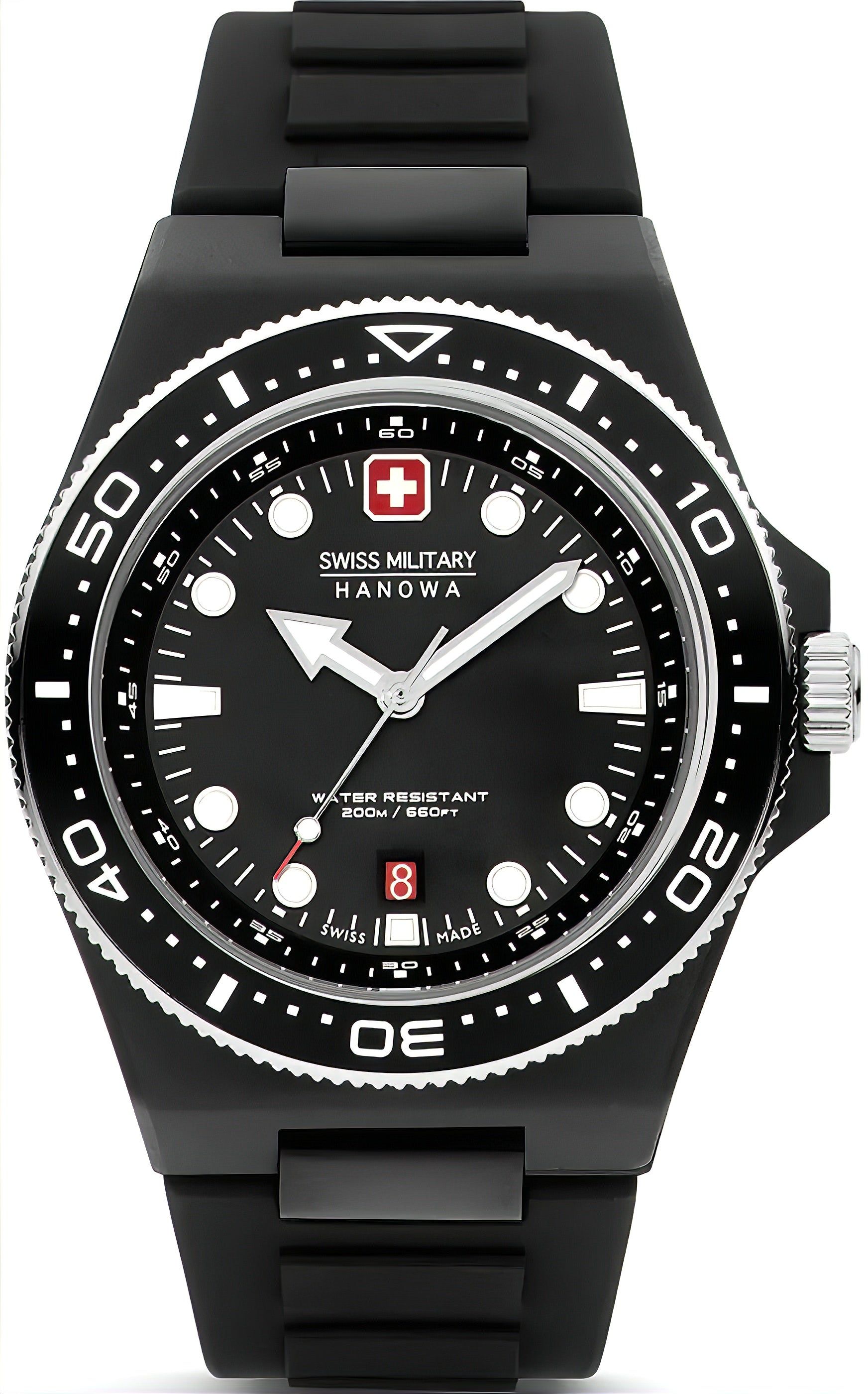 Swiss Military Herrenarmbanduhr mit schwarzem Zifferblatt, schwarzer Lünette und Silikonband