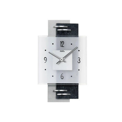 AMS Quarz-Wanduhr aus Schiefer & Glas mit silbernen Zeigern, weißes Zifferblatt