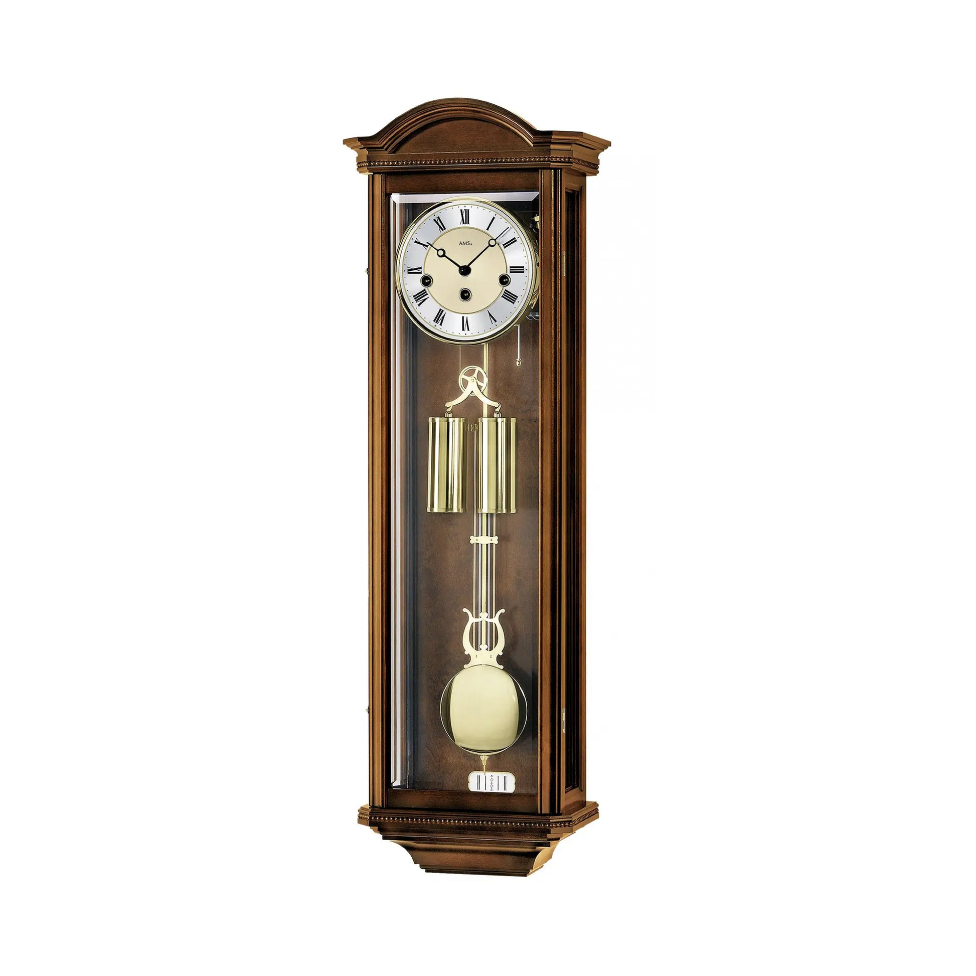 Wanduhr mit schmalem nussbaumfarbenem Holzrahmen und Pendel