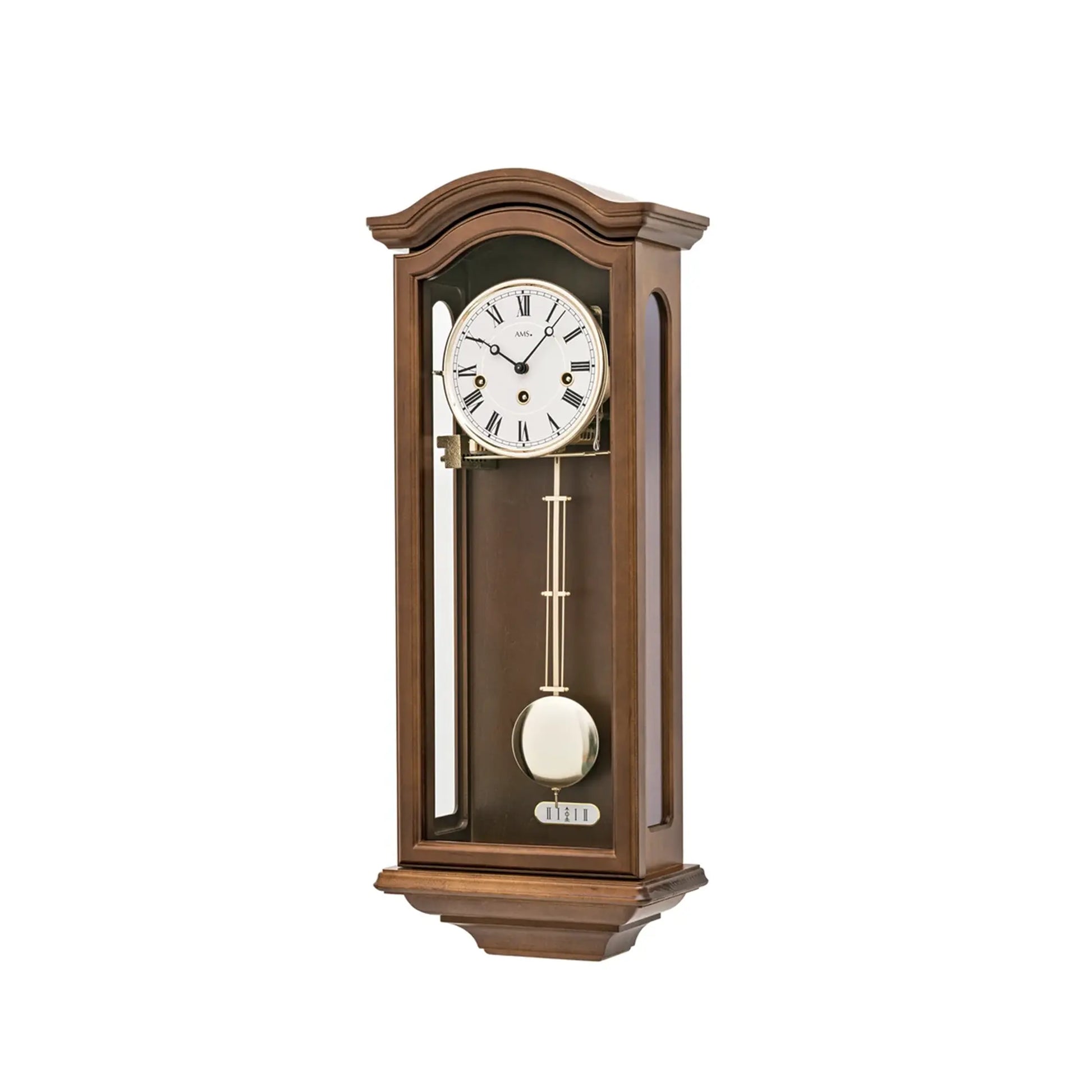 Regulator-Wanduhr in Nussbaum mit weißem Ziffernblatt und Pendelgewicht