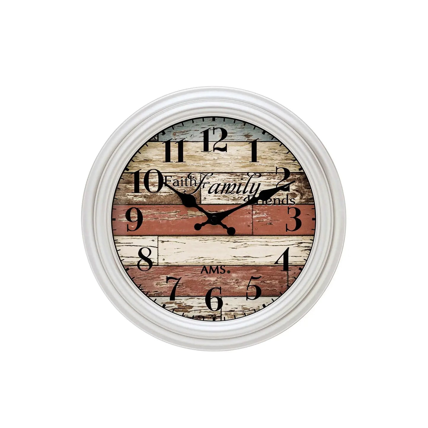 Zegar ścienny kwarcowy AMS ze srebrną ramą z tworzywa sztucznego i okrągłą tarczą o wyglądzie drewna
