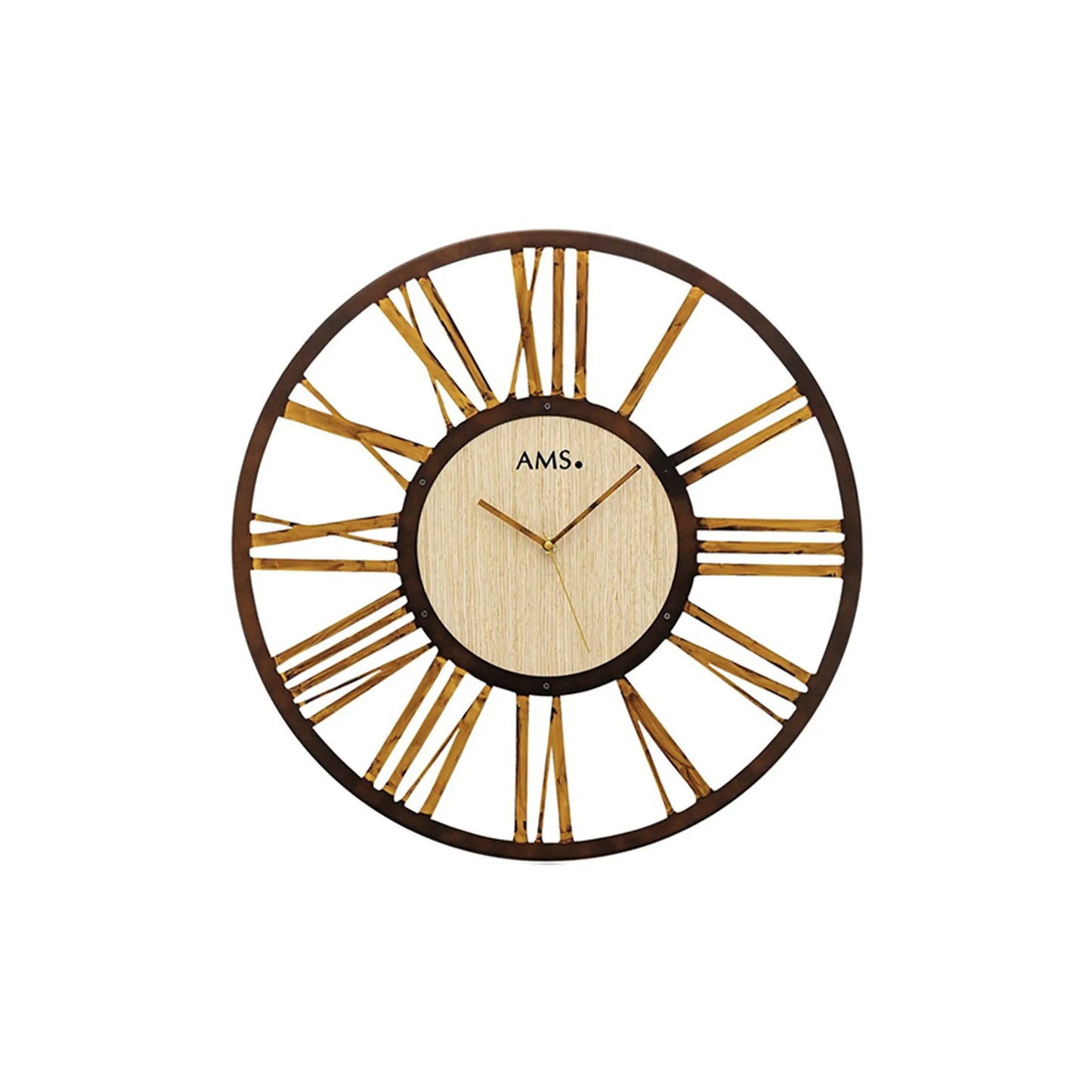 Wanduhr mit rundem Metallrahmen, Holz-Zifferblatt und goldenen Strahlen (AMS).