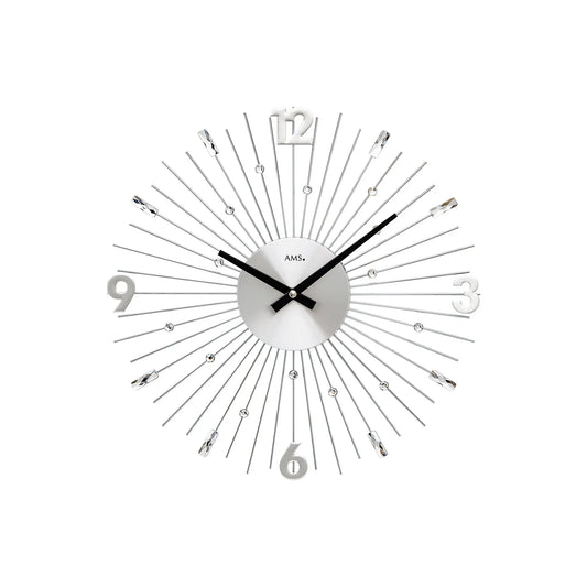 Silberne Wanduhr mit römischen Ziffern, schwarzen Zeigern und Metallstäben