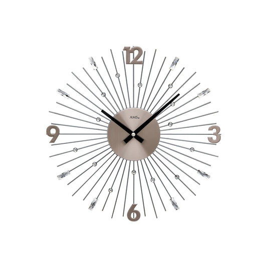 Wanduhr mit anthrazitfarbenem Zifferblatt, schwarzen Zeigern und Metallstäben
