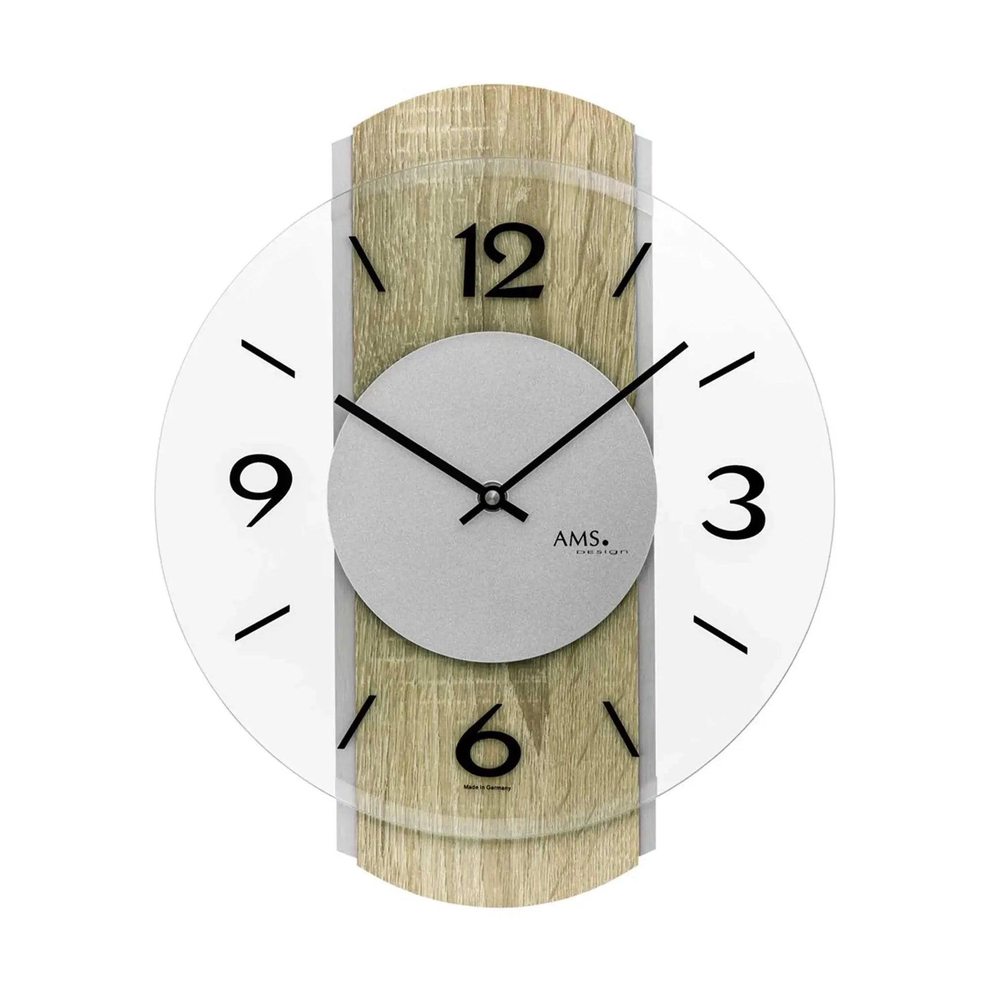 Wanduhr mit Sonoma-Eiche-Gehäuse, hellgrauem Zifferblatt, schwarzen Zeigern und arabischen Zahlen