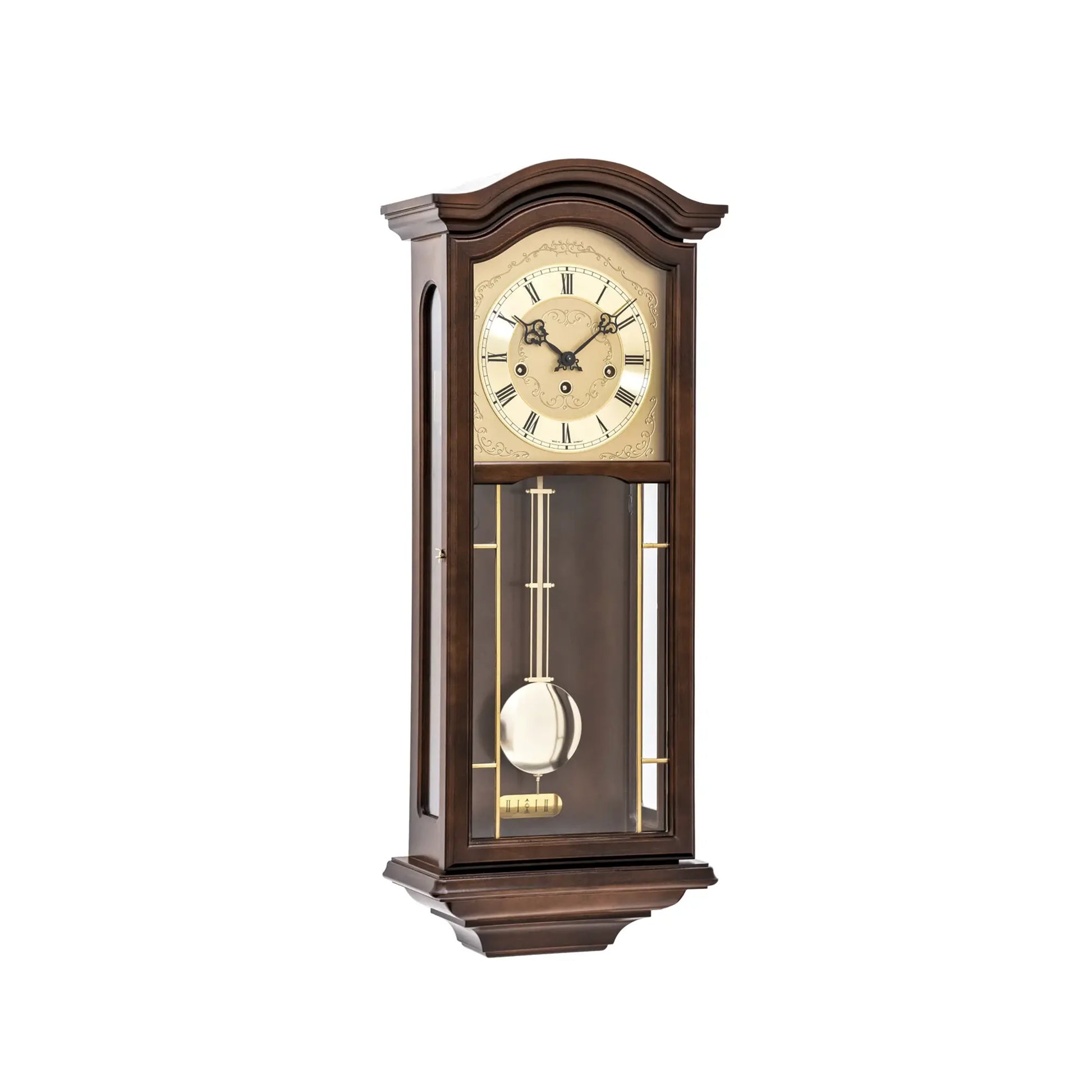 Nussbaum-Wanduhr mit Glasfront, römischen Ziffern und Pendel