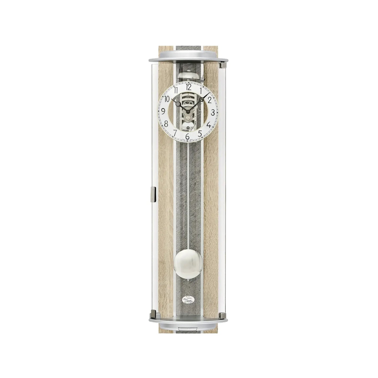 Wanduhr mit Glasrahmen, grauem Pendel und weißem Zifferblatt mit arabischen Zahlen