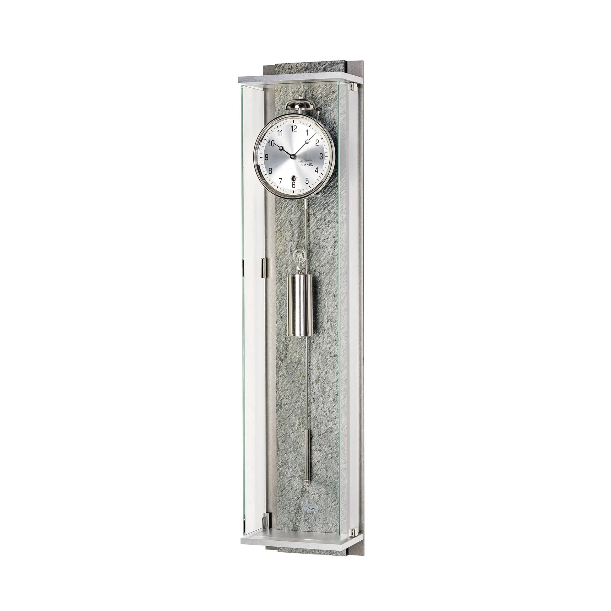 Wanduhr mit durchsichtigem Glasrahmen, rundem Zifferblatt und Pendelstäben