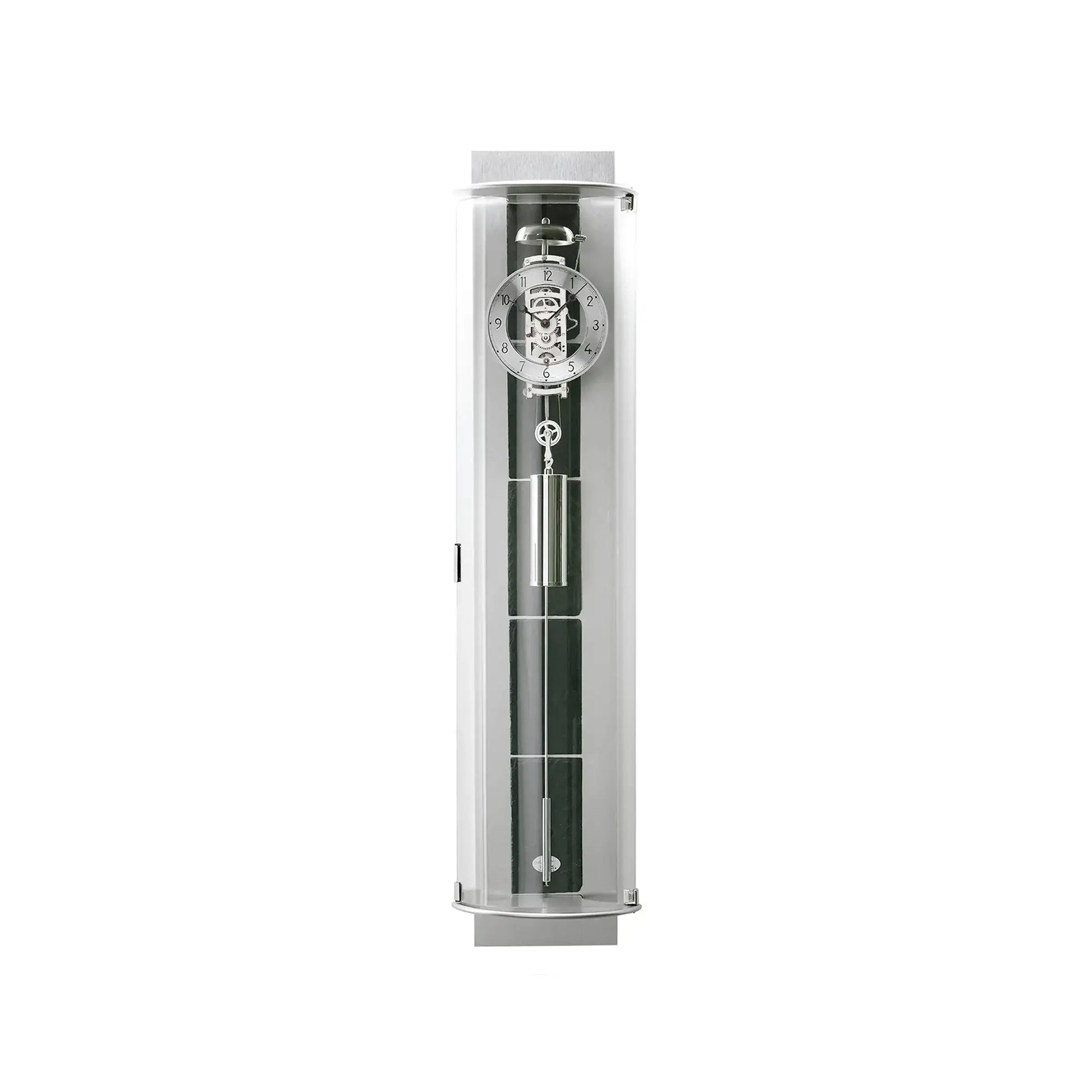 Wanduhr mit rundem Glasgehäuse, Zifferblatt und mechanischem Seilzugwerk im Inneren