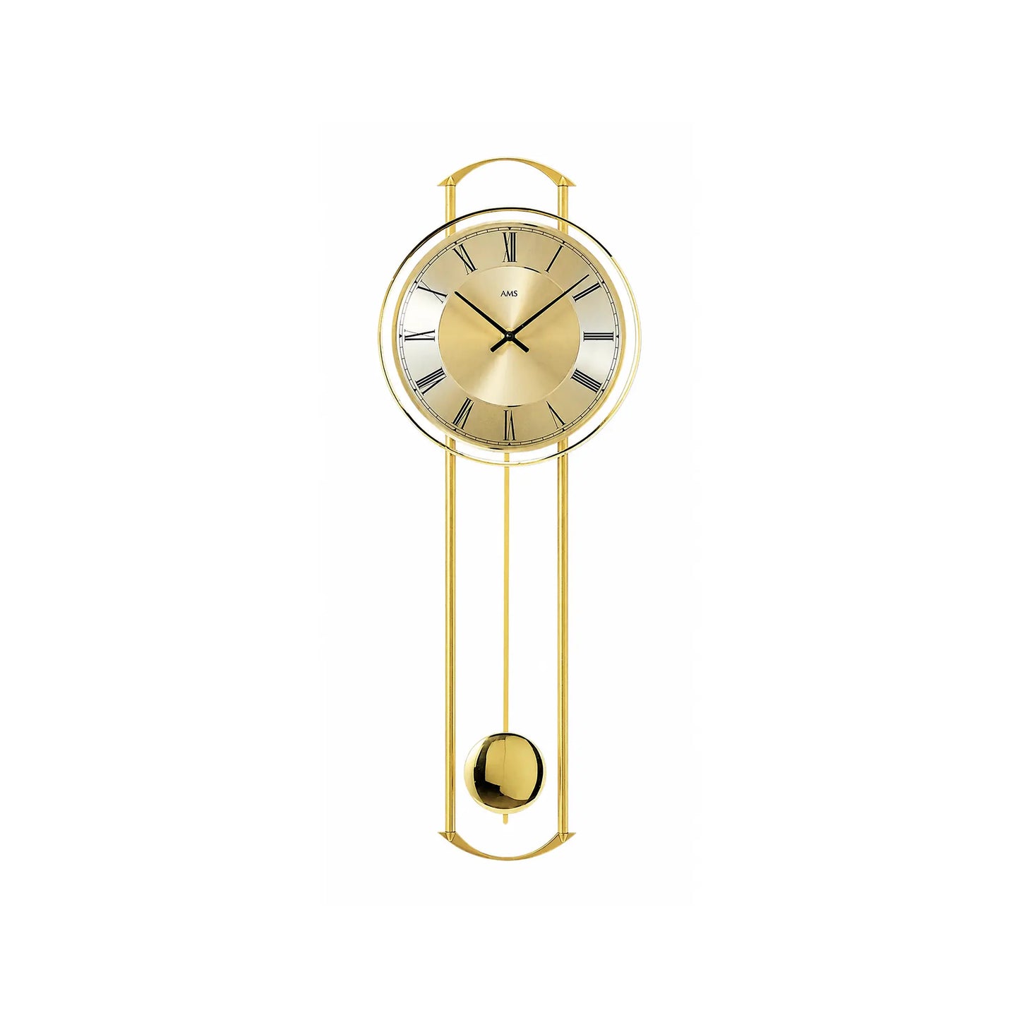 Messingfarbene Wanduhr mit rundem Ziffernblatt und Pendelwerk