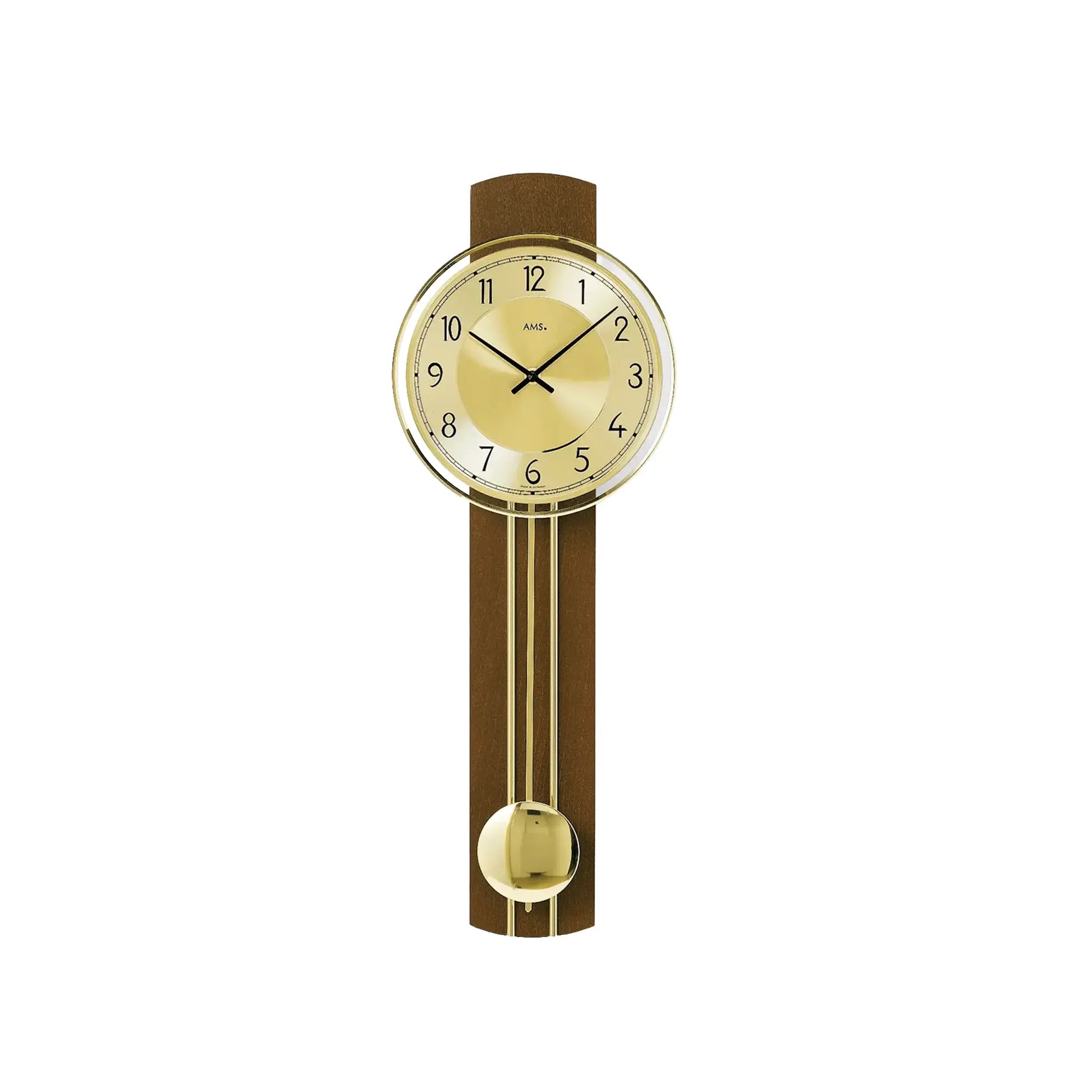 Wanduhr mit rundem Ziffernblatt, Nussbaumholzgehäuse und Pendelpendelwerk