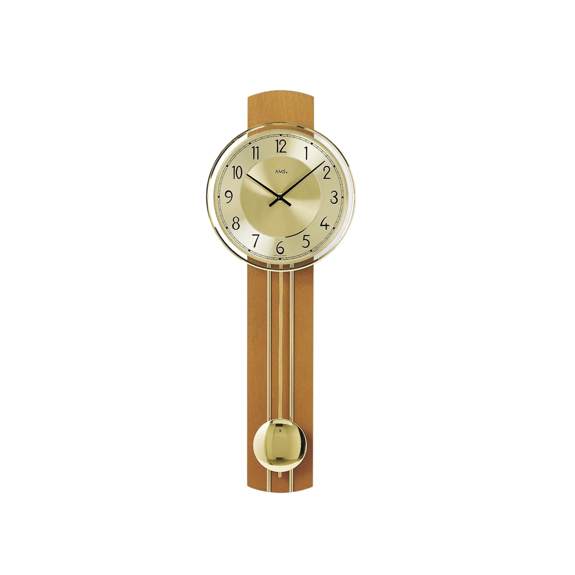 AMS Quarz-Wanduhr mit rundem Ziffernblatt, hellem Holzrahmen und pendelndem Glöckchen