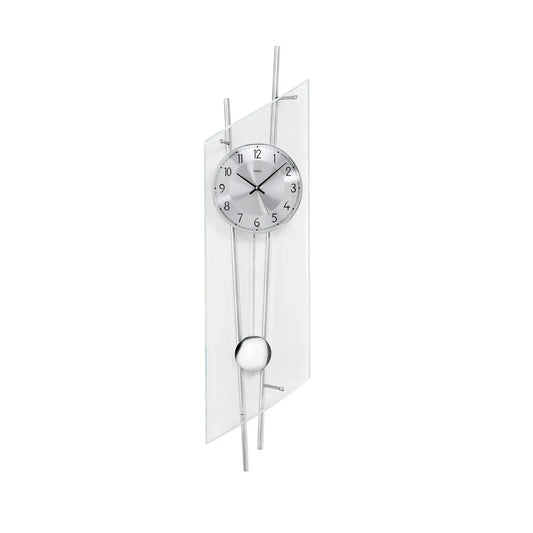 AMS W7200 Wall Clock Silver • Quartz Pendulum Movement • Faceted Mineral Glass