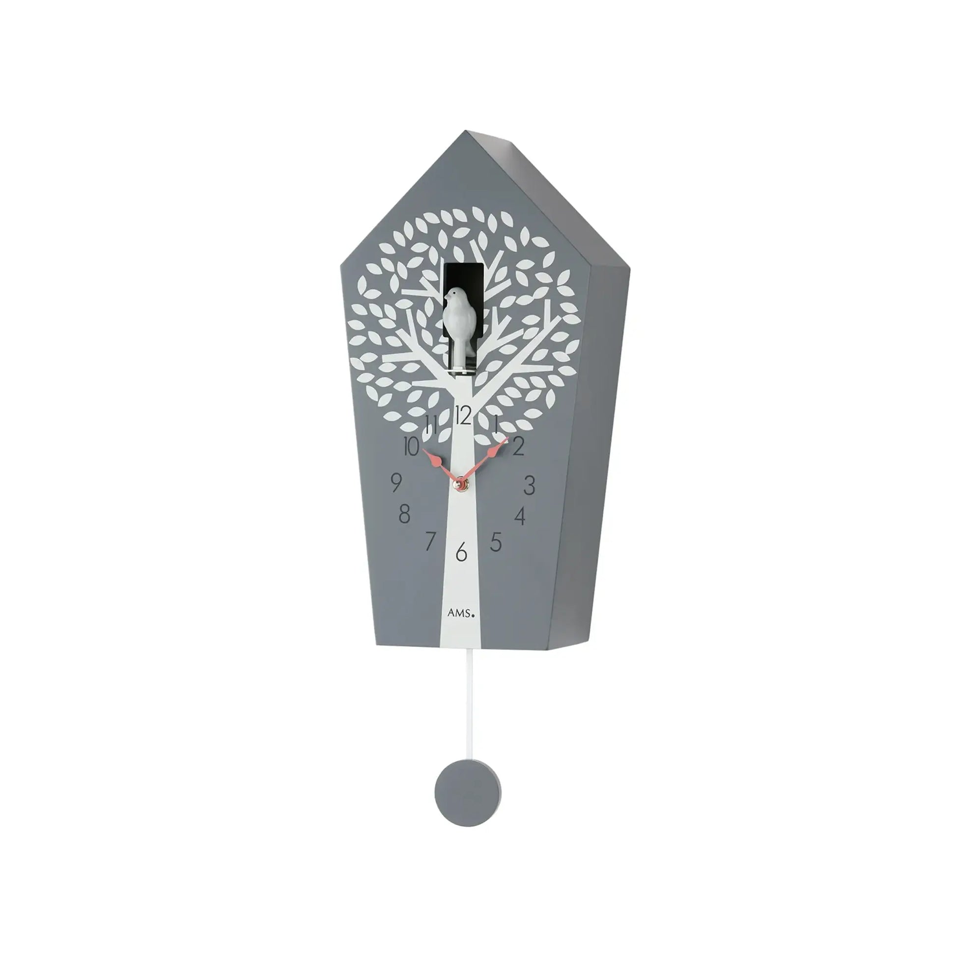 Anthrazitfarbene Wanduhr mit Kuckucksfigur, Baumblatt-Dekor und Pendel