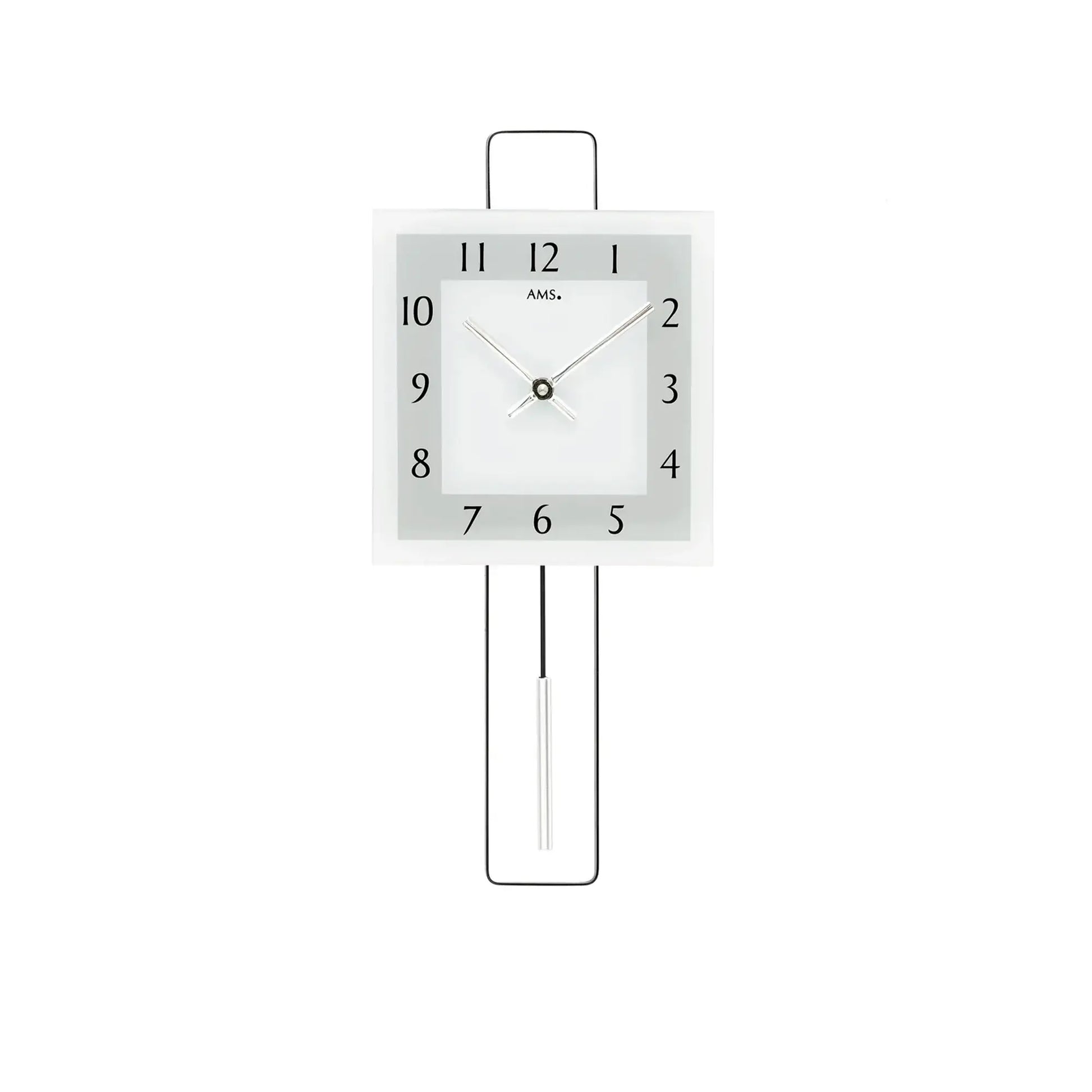 Silberne Wanduhr mit quadratischem Zifferblatt und Pendelwerk, Mineralglas