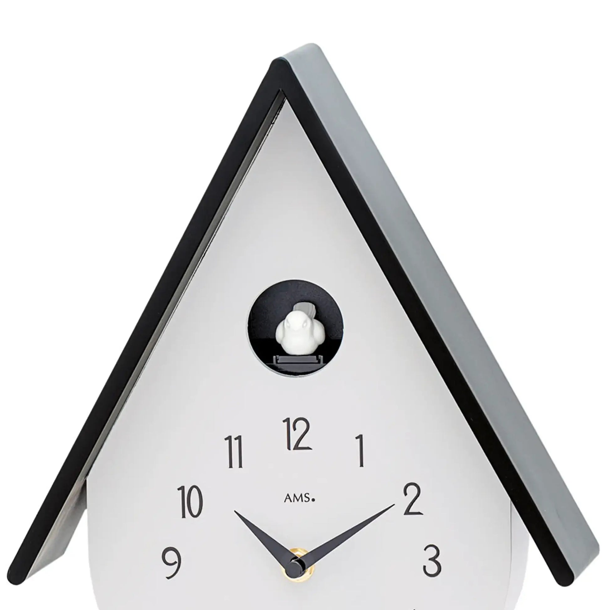 AMS Drip-shaped wall clock, light gray sides, black frame, cuckoo motif above numbers