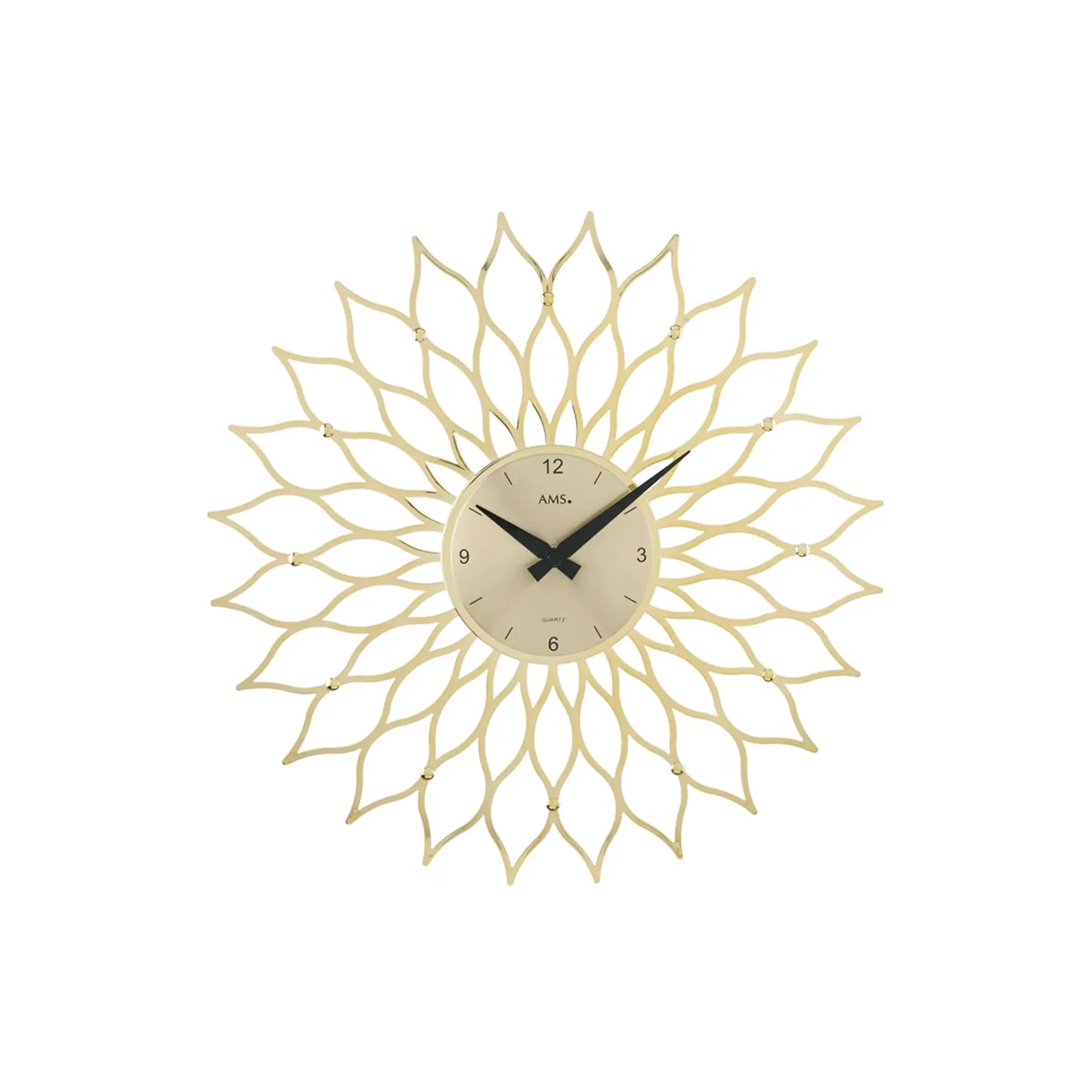 Runde Wanduhr mit goldener Blütenumrandung und Glaszifferblatt, AMS, analog