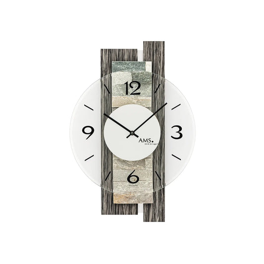 AMS W9544 Wall Clock Wood Decor/Natural Stone • Faceted Mineral Glass • Quartz Movement