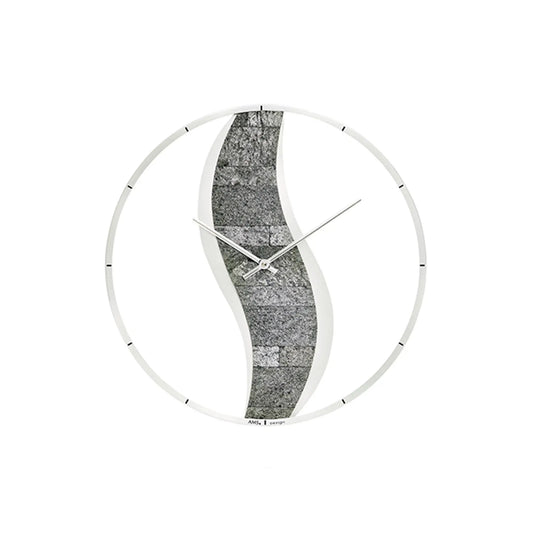 Wanduhr mit silbernem Rahmen und grauem Stein-Einsatz, Zeiger auf gebogener Fläche