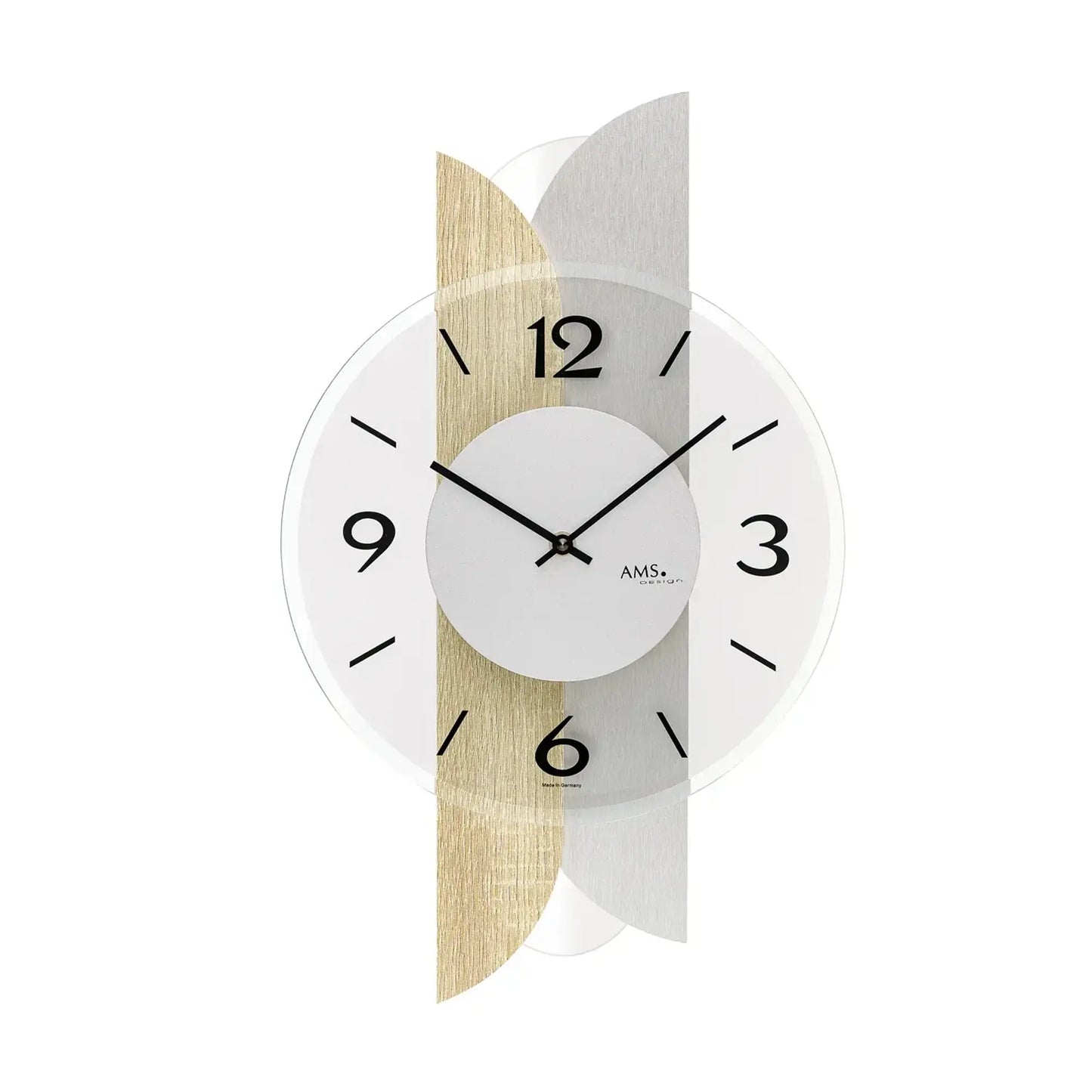 Wanduhr: weißes Zifferblatt, schwarze Zeiger, Holz- und Aluminiumauflage, AMS-Logo