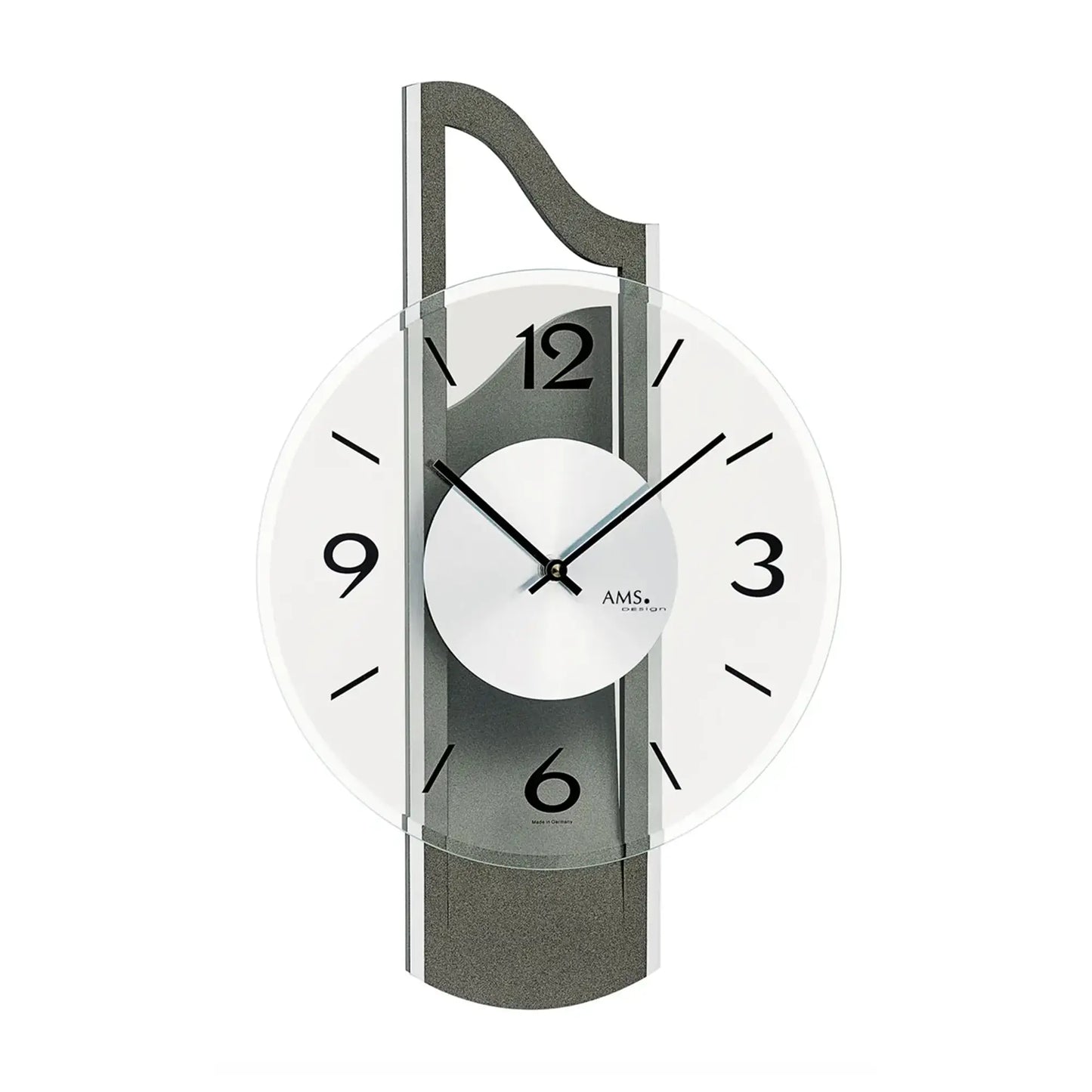 Wanduhr mit anthrazitfarbenem Holzrahmen, Facetten-Mineralglas, Ziffern 1–12, AMS.