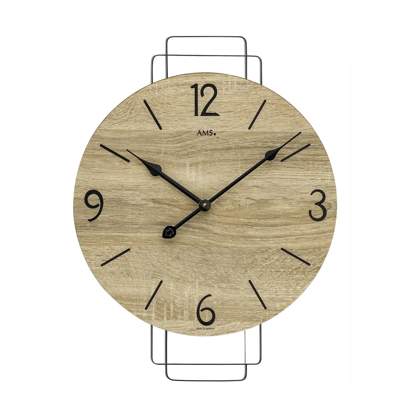 Wanduhr mit hellem Holzlook-Zifferblatt, schwarzen Zeigern, Metallbügel und Ziffern, Quarzwerk