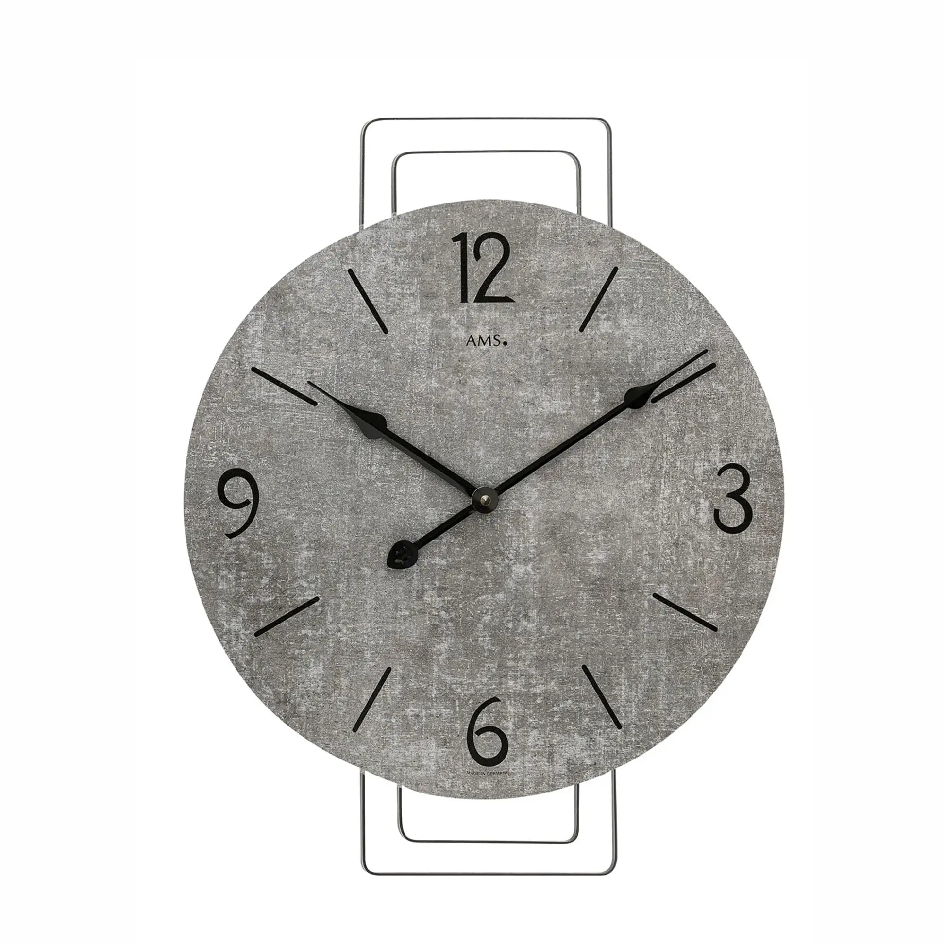 Wanduhr mit grauem Zifferblatt, schwarzen Zeigern und Stundenmarkierungen im Kreisdesign.