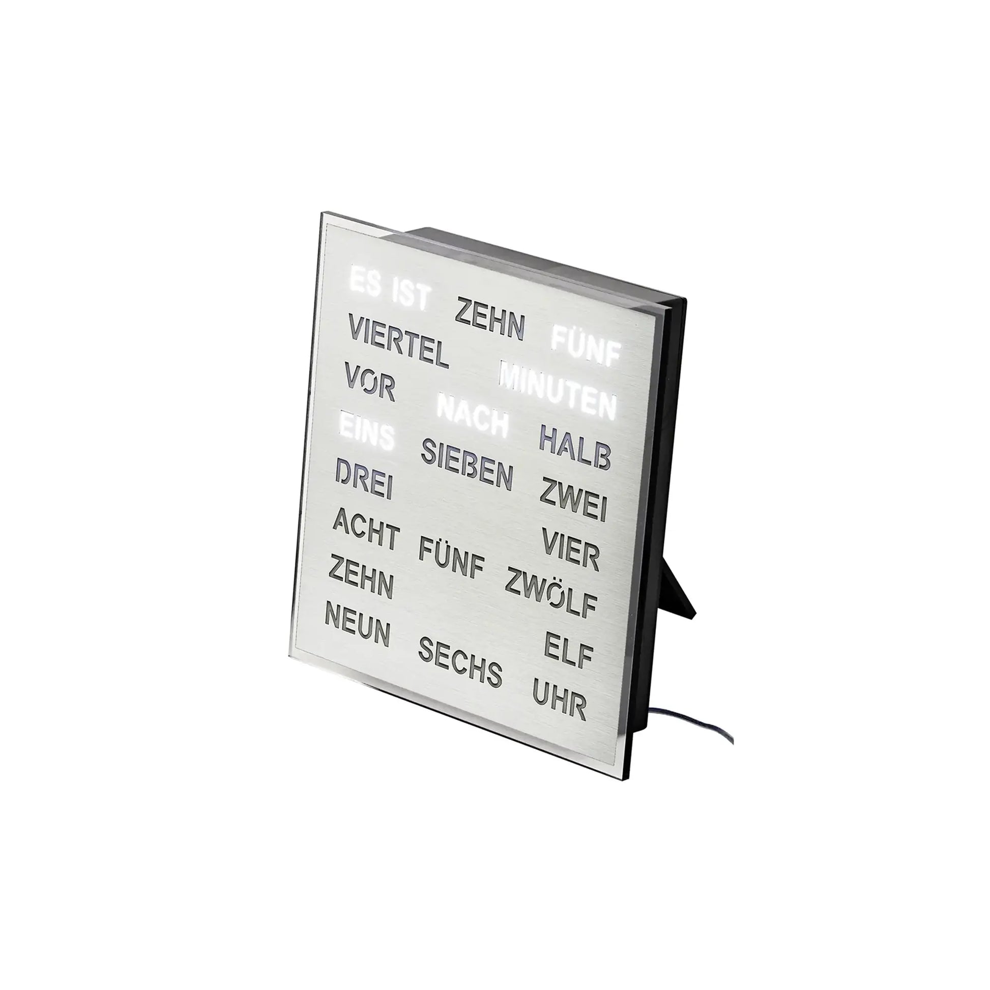LED-Wortuhr mit schwenkbarem Standfuß, Kabelanschluss und beleuchtetem Wortfeld